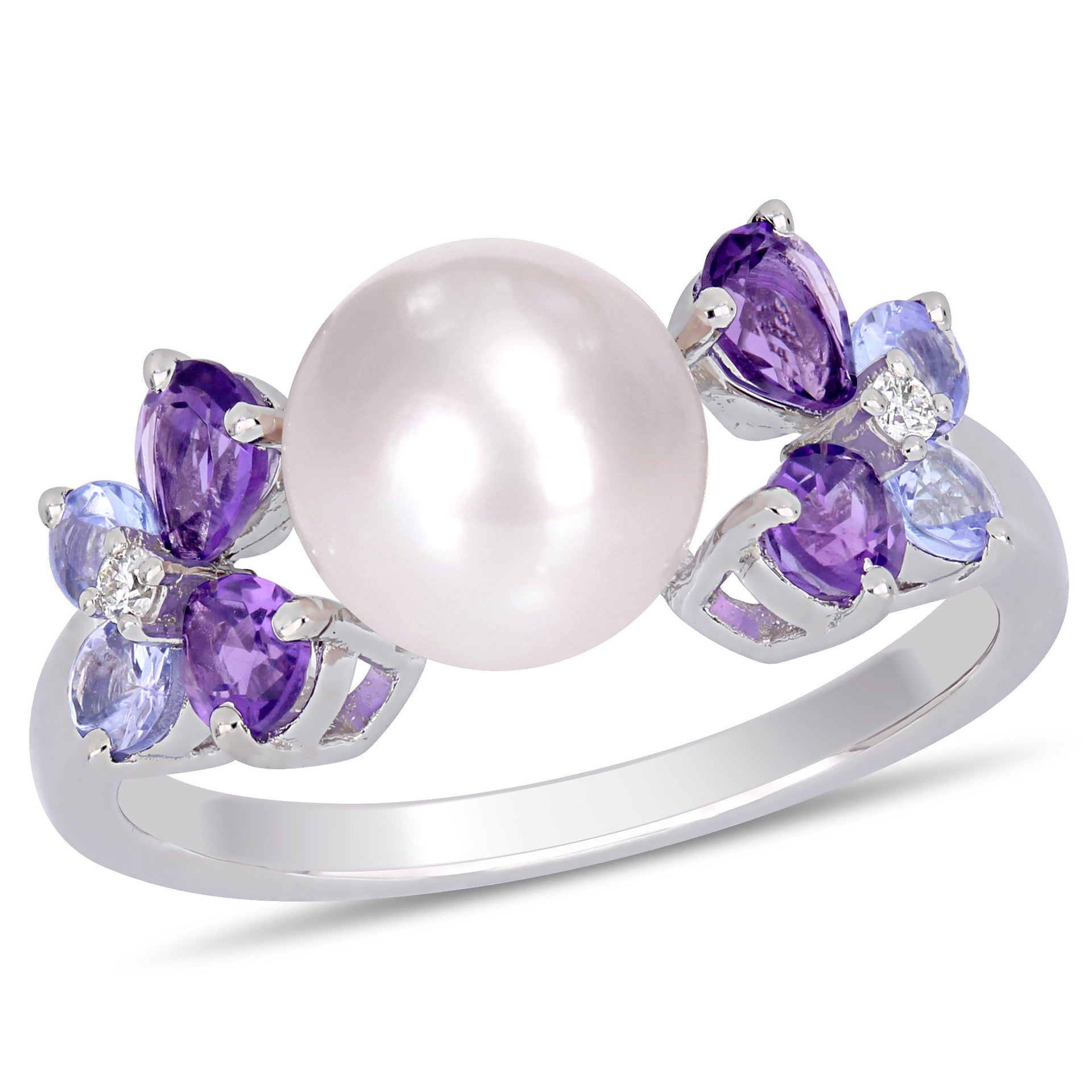 Mimi & Max 8-8.5 mm White Cultured Freshwater Pearl, Diamond, Tanzanite, and Amethyst Ring