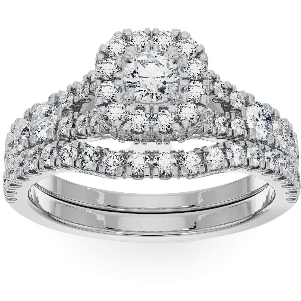1 1/4 ct Cushion Halo Diamond Engagement Wedding Ring Set in White or Yellow Gold
