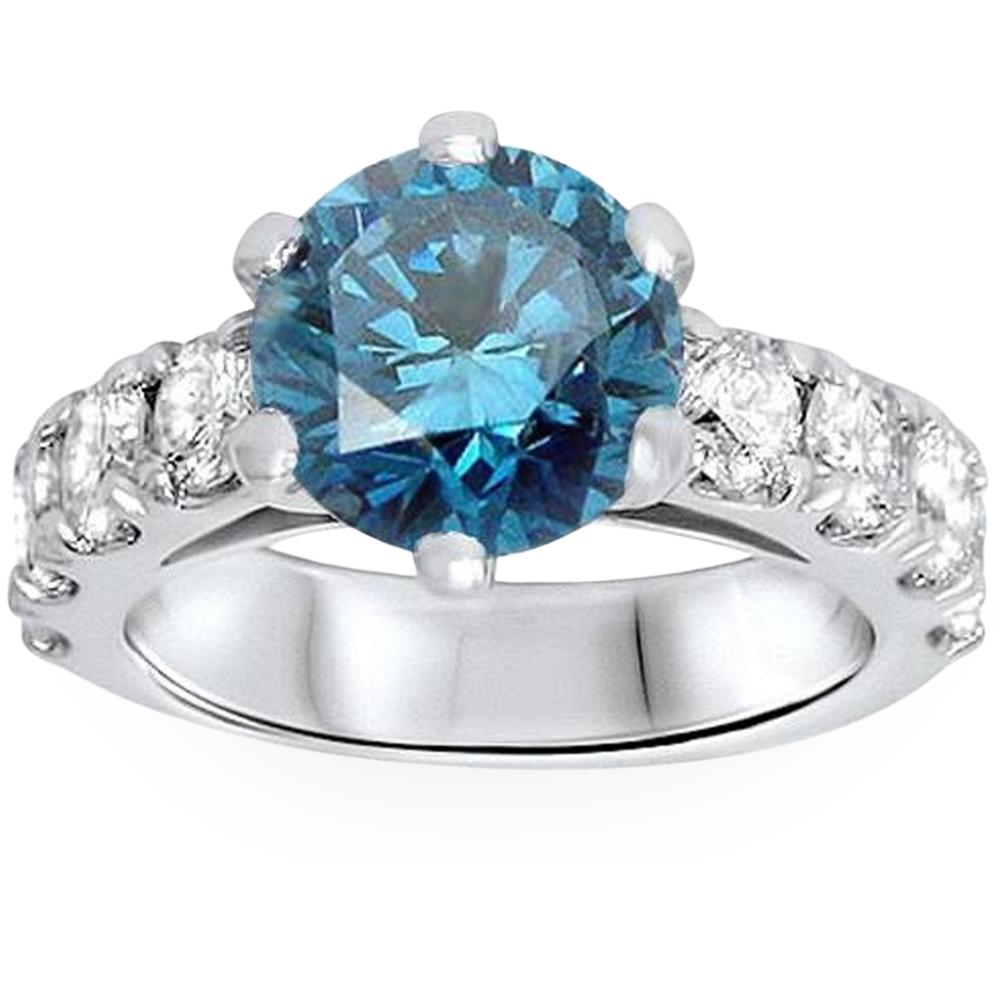 3 1/2 ct Blue Lab Grown Diamond Engagement Ring 14K White Gold Round Cut