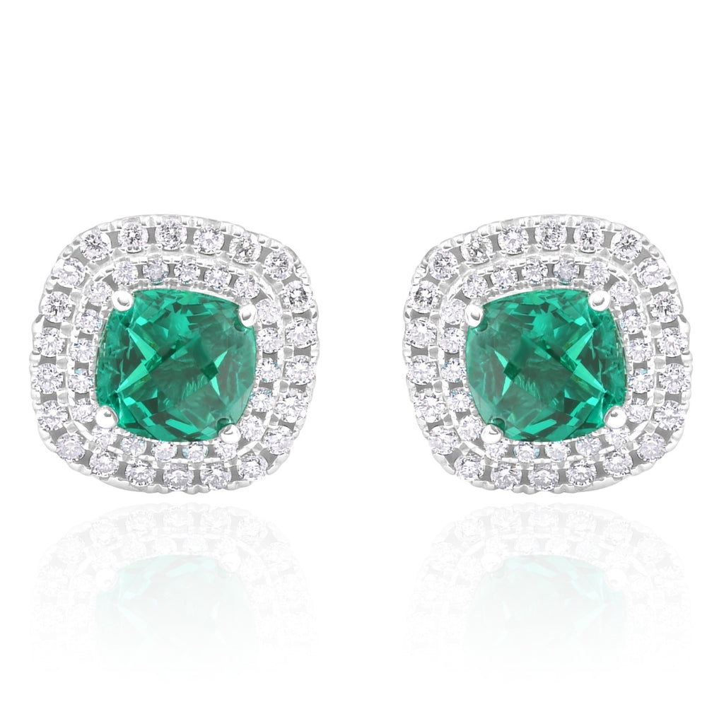 4Ct Emerald & Lab Grown Diamond Cushion Halo Studs 14k White Gold