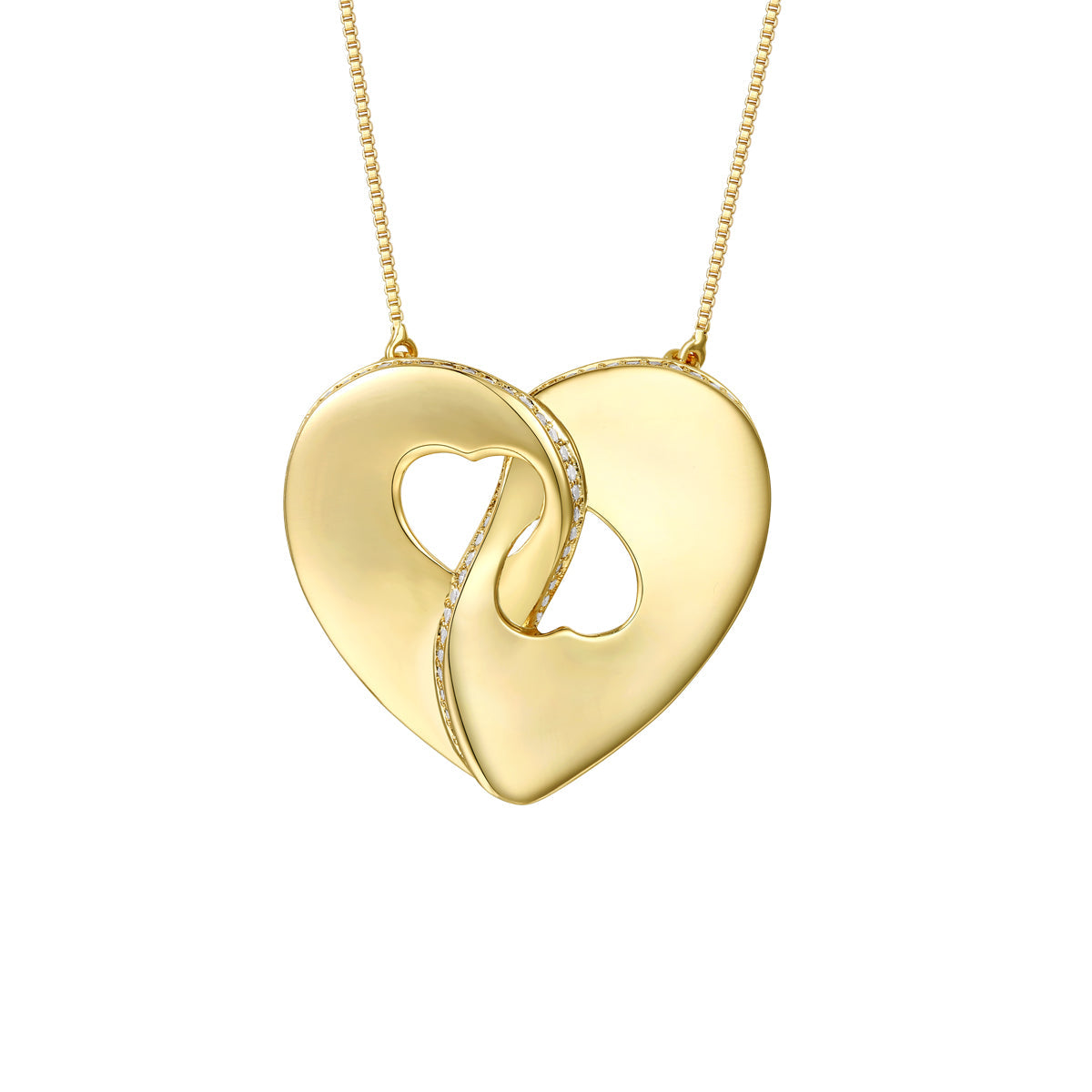 Rg Large 14k Gold Plated with Diamond Cubic Zirconia Modern Double Heart Half Cut-Out Entwined Necklace