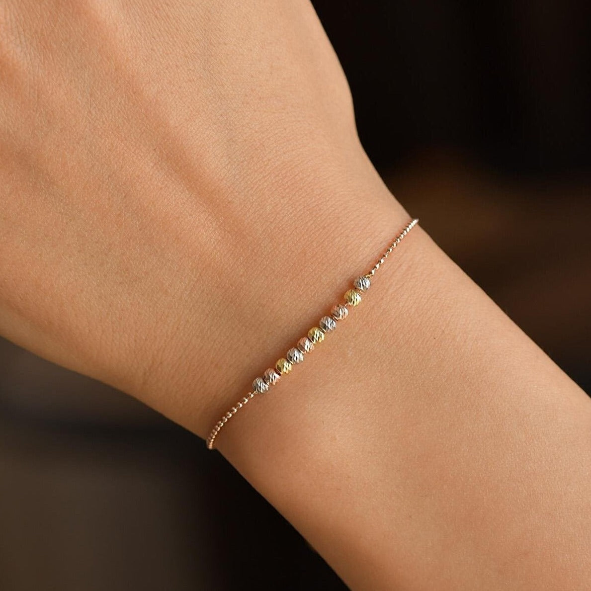 Middle Beaded 3 Color Gold Rose Gold Sterling Silver Handmade Bracelet - Gold