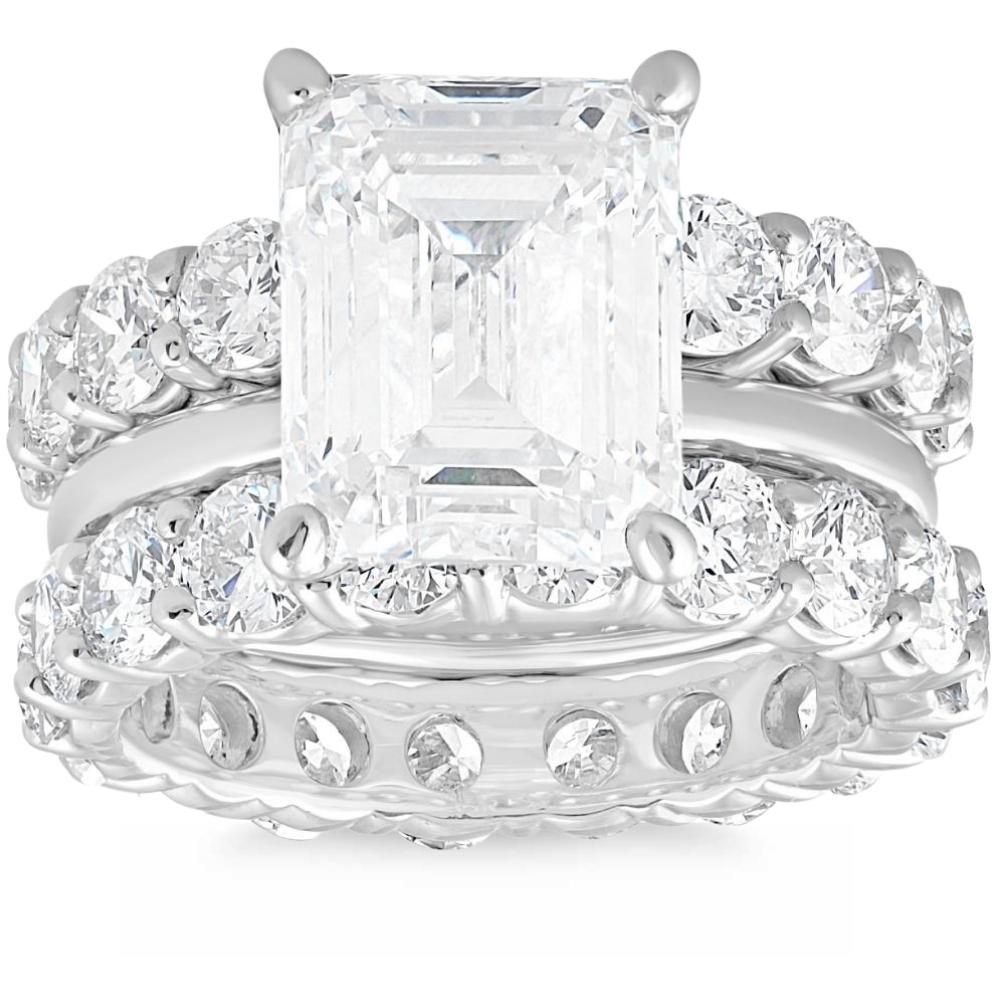 11Ct Emerald Cut Moissanite & Lab Grown Diamond Engagement Eternity 14k Ring Set