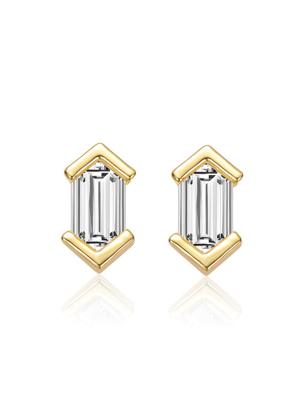 Sterling Silver With Clear Mini Cubic Zirconia Baguette Geometric Stud Earrings