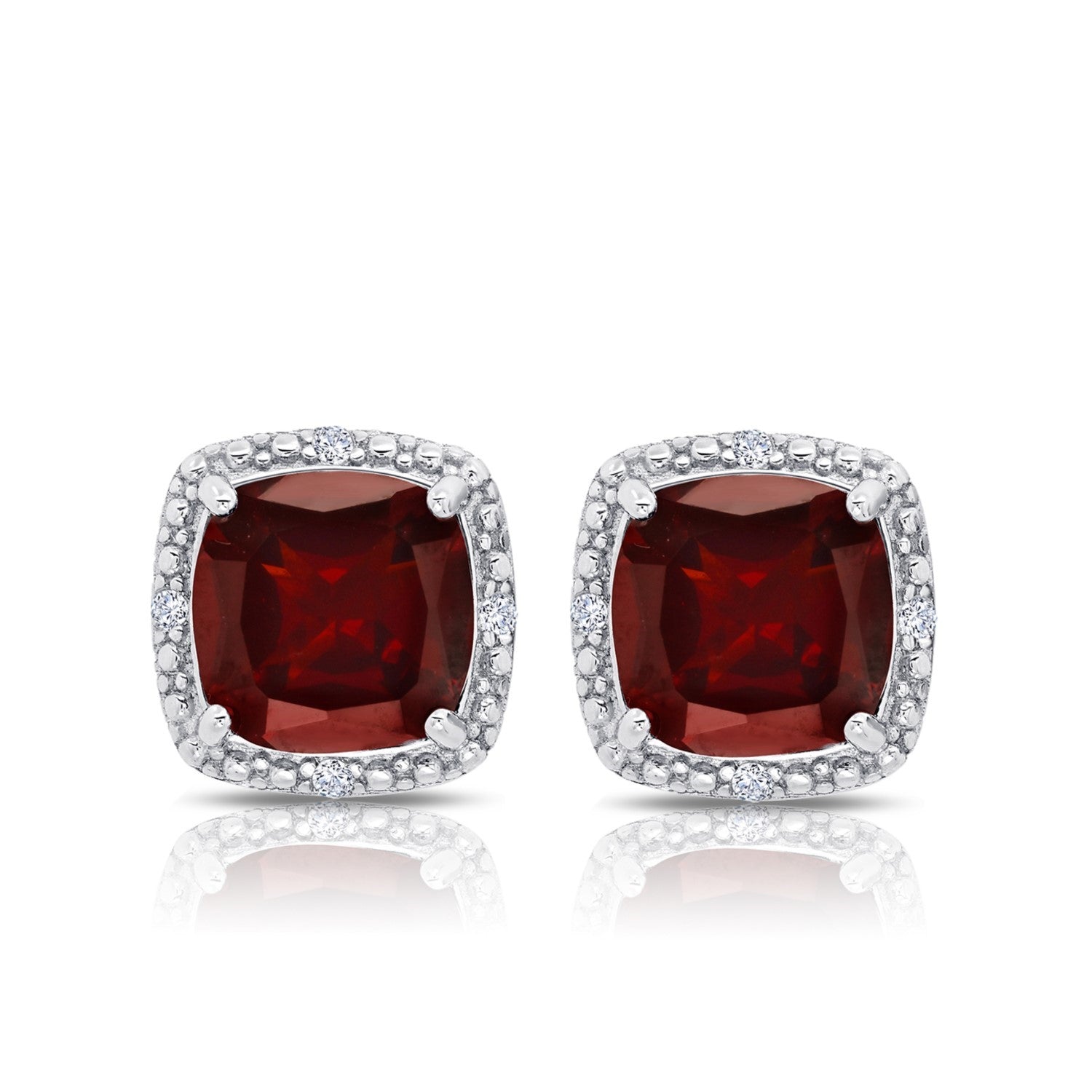 7mm Cushion Cut Garnet and Diamond Accent Halo Stud Earrings in Sterling Silver