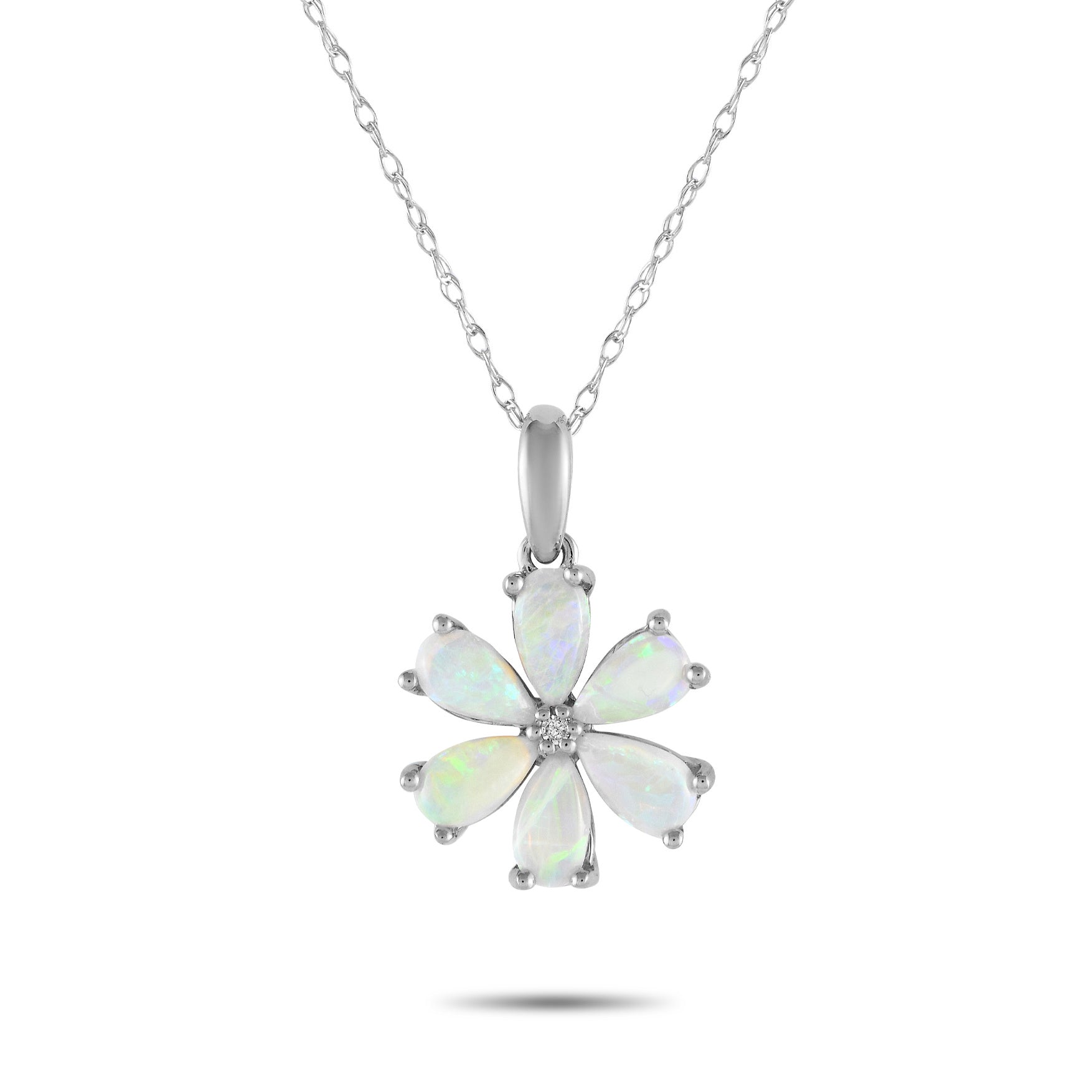 LB Exclusive 14K White Gold 0.01ct Diamond and Opal Flower Necklace PD4-15845WOP