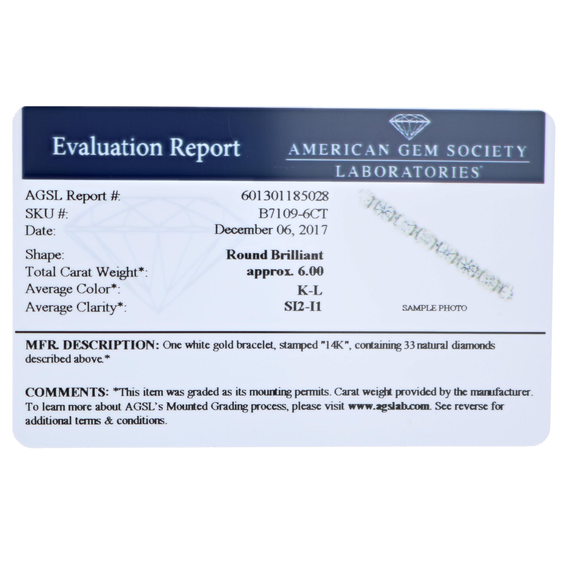 6 CT SI2-I1 AGS Certified 14K White Gold Diamond Tennis Bracelet (K-L)