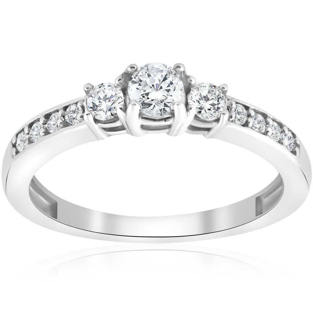 3/4ct Three Stone Round Diamond Engagement Ring 14K White Gold