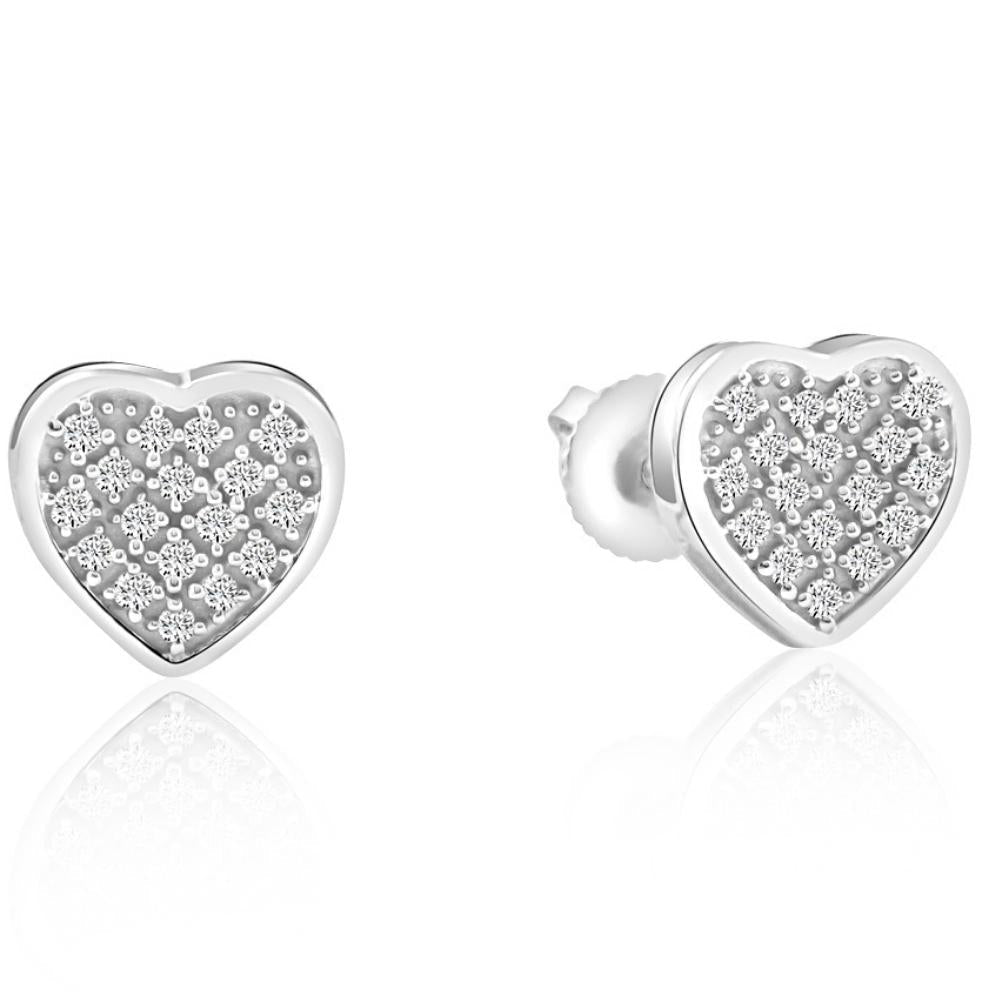 Pave Diamond Heart Studs Screw Back Earrings in White or Yellow Gold 10k