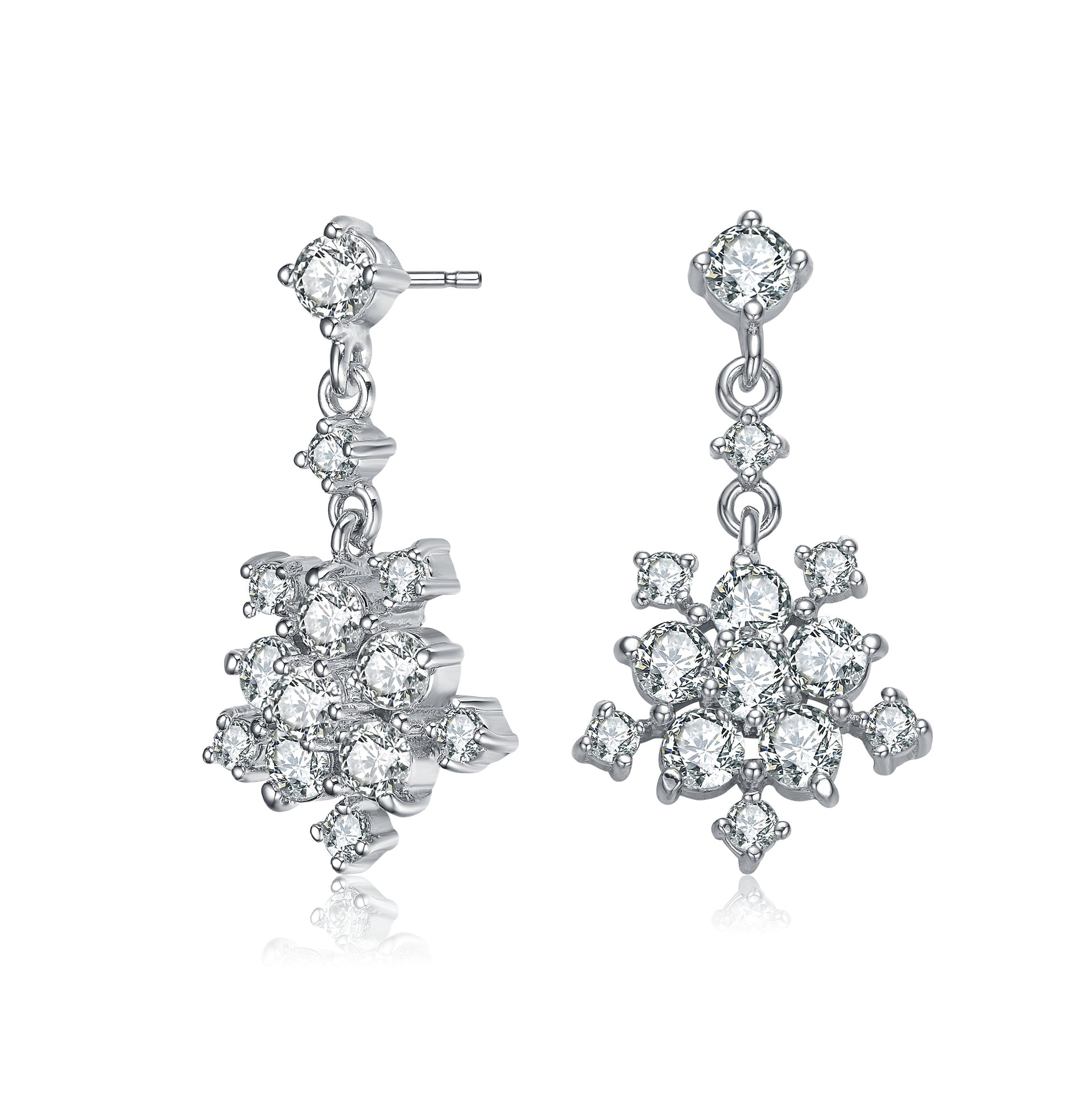 Sterling Silver With Rhodium Plated Clear Round Cubic Zirconia Cluster Flower Style Drop Earrings