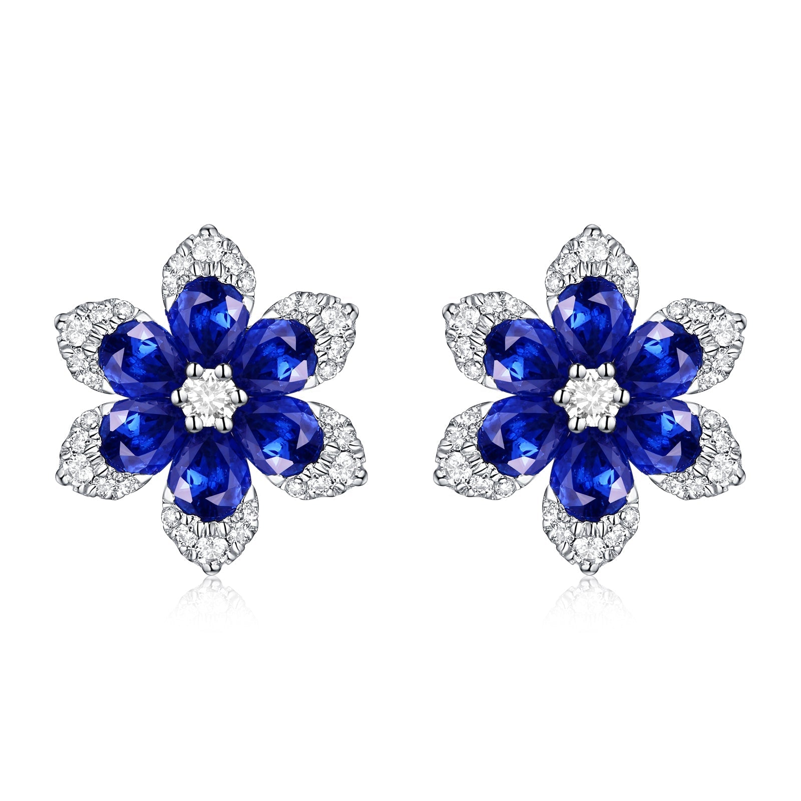 14k Gold Diamond & Sapphire Flower Stud Earrings