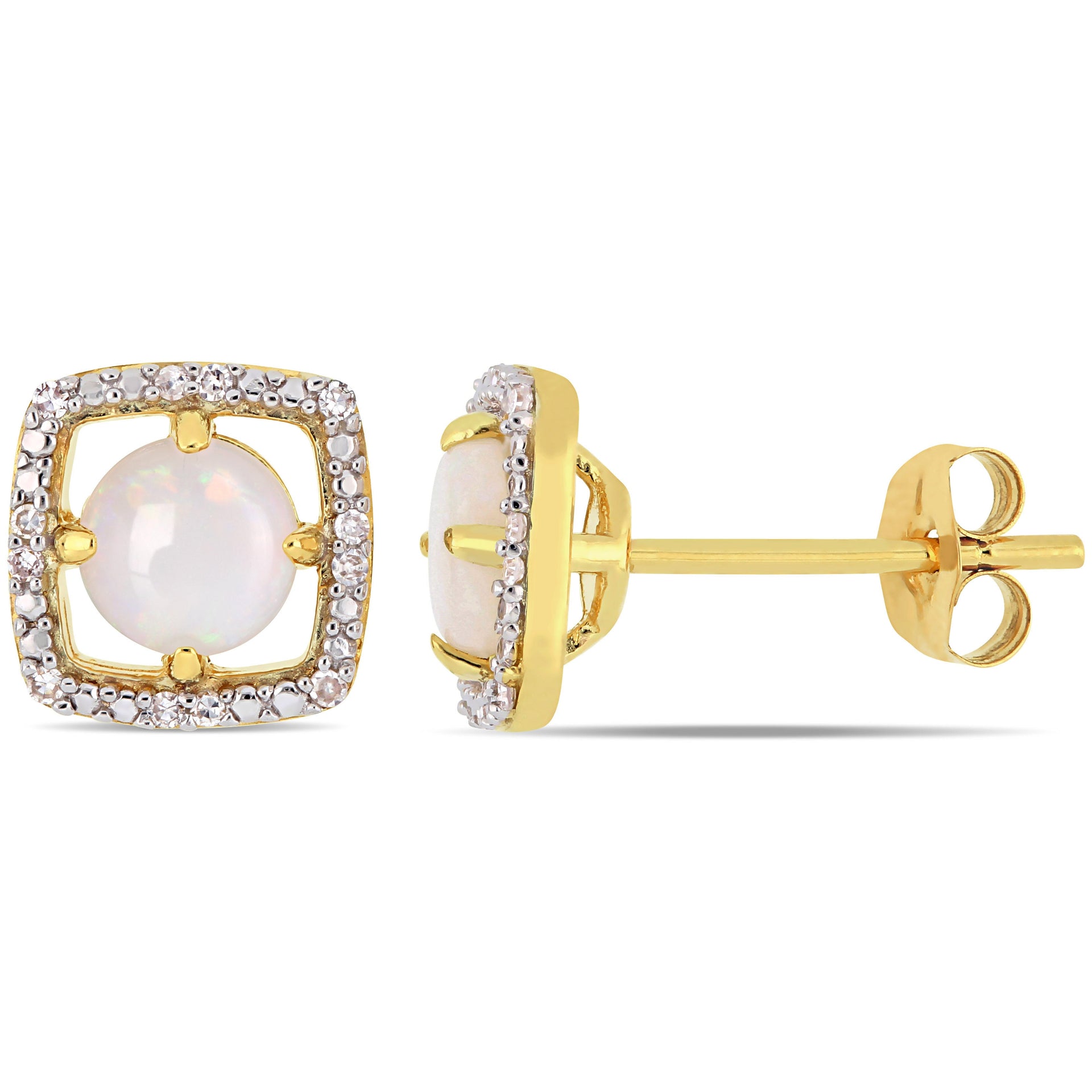 Opal and Diamond Accent Floating Square Halo Stud Earrings in 10K Yellow Gold