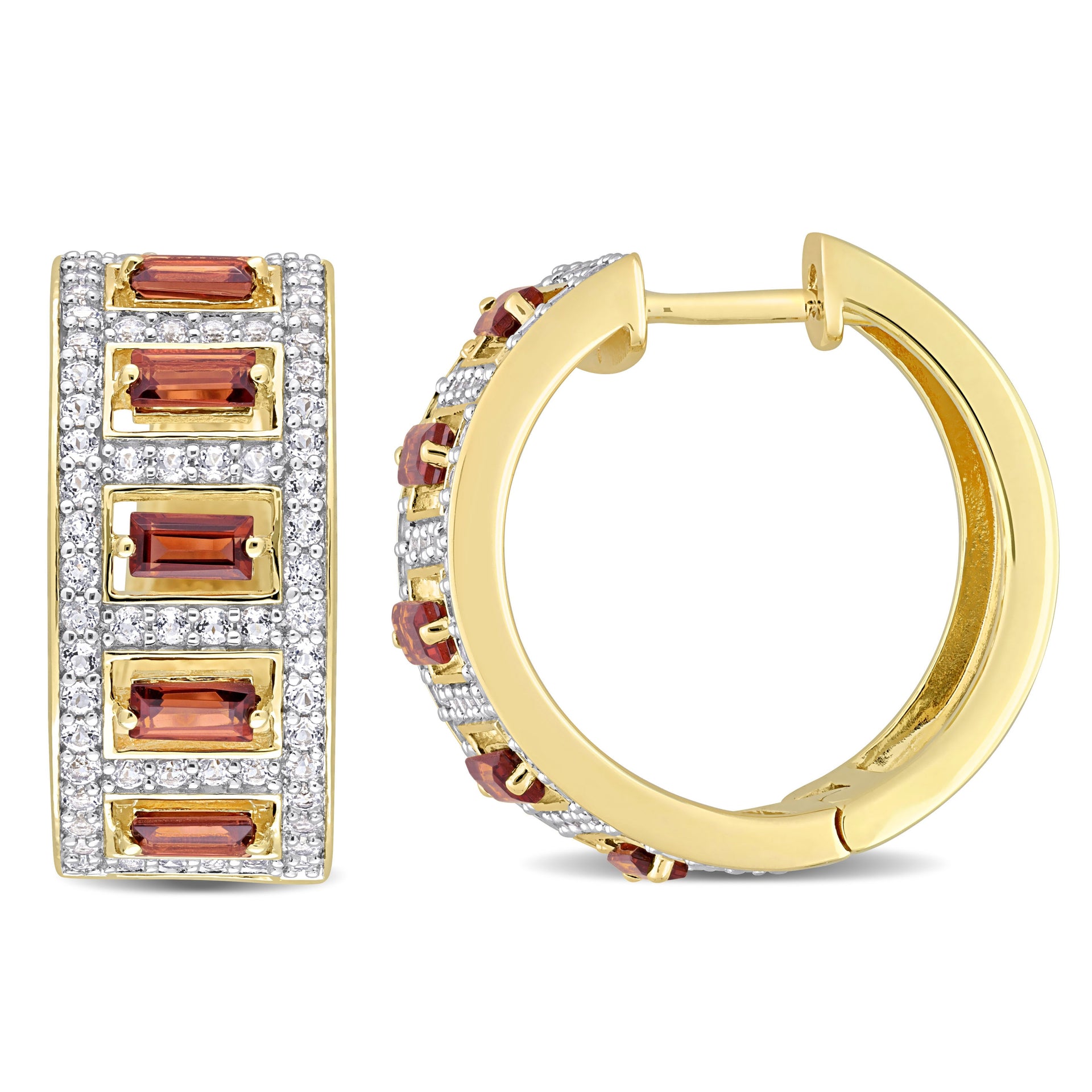 2 7/8 CT TGW Baguette Garnet and White Topaz Hoop Earrings in Yellow Plated Sterling Silver