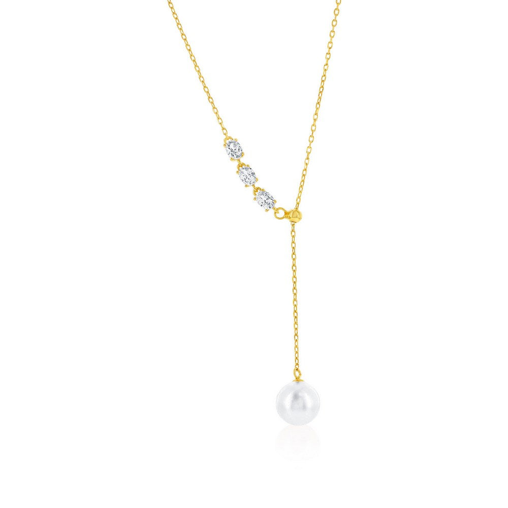 Sterling Silver or Gold Plated over Sterling Silver 8mm Pearl, Triple Oval CZ Lariat Necklace