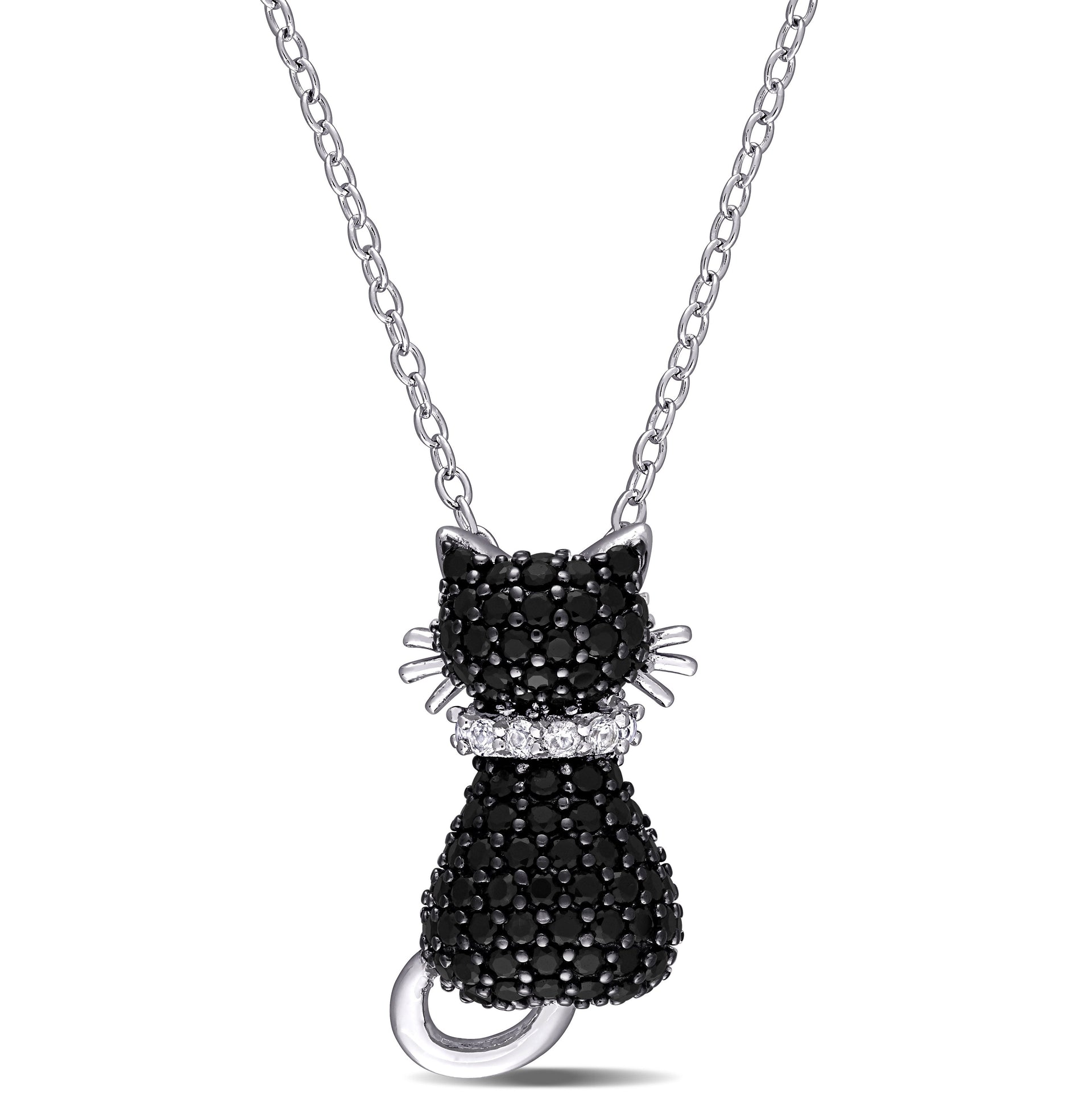 Black Spinel and Created White Sapphire Kitty Cat Necklace in Sterling Silver