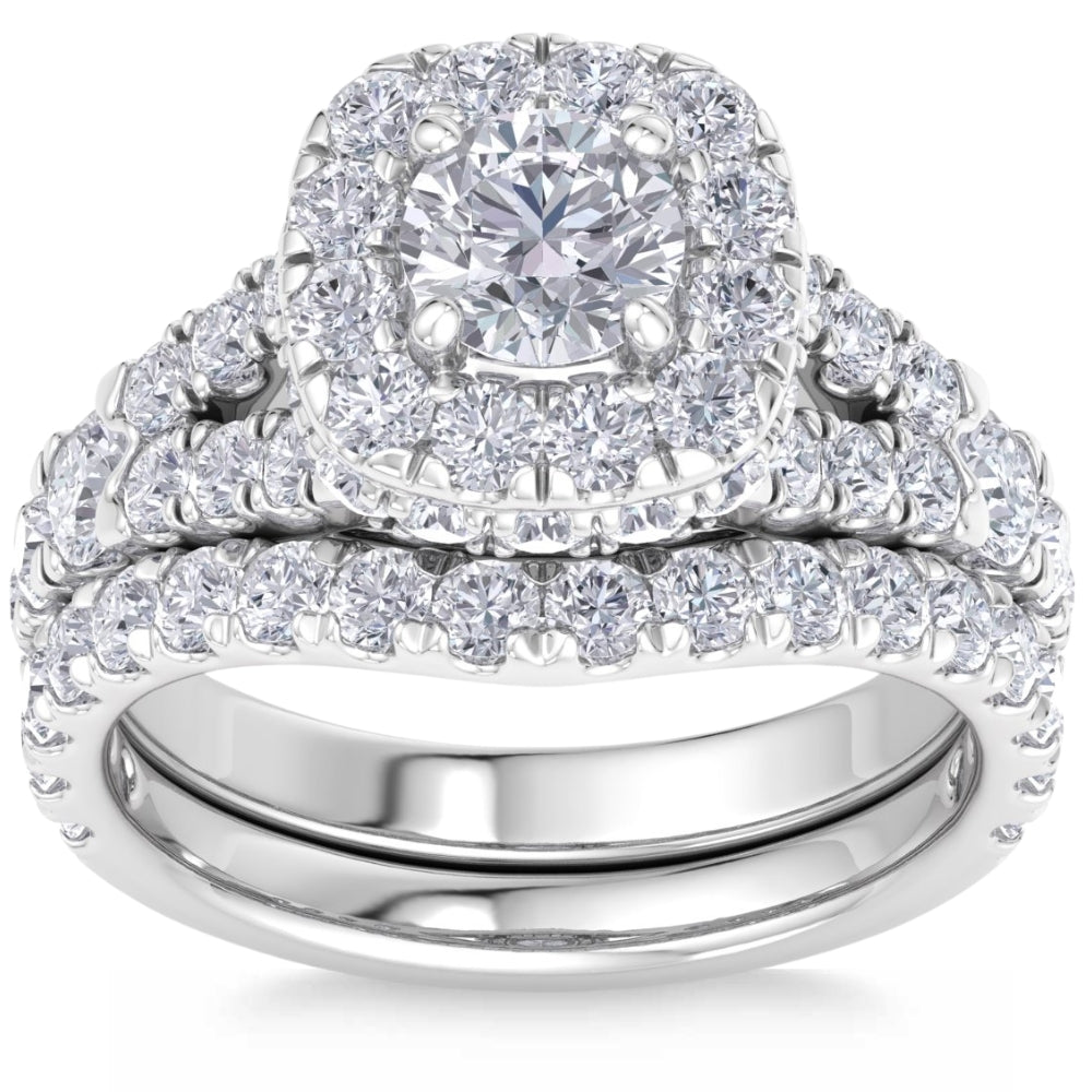 3 1/2 ct Cushion Halo Split Ring Diamond Engagement Set in White Yellow Rose Gold