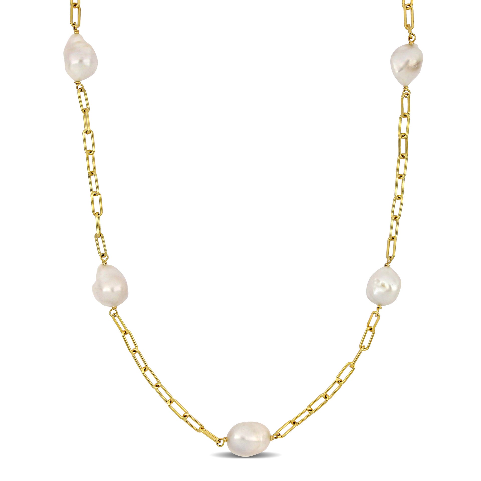 12-14 MM Cultured Freshwater Coin Pearl Station Chain Necklace in 18k Yellow Gold Plated Sterling Silver