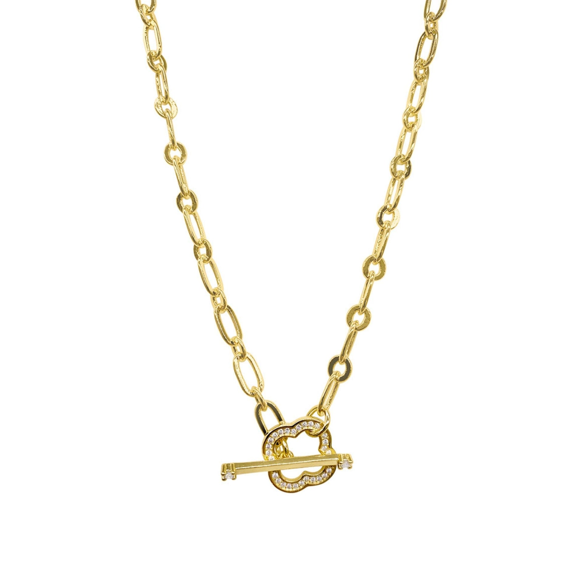 14k Gold Plated Crystal Clover Paper Clip Chain Toggle Necklace