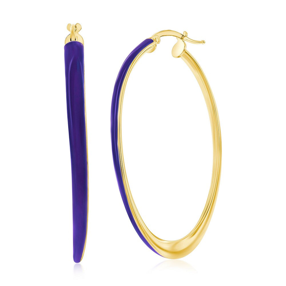 Sterling Siver, Meadow Violet Enamel Oval Hoop Earrings - Gold Plated