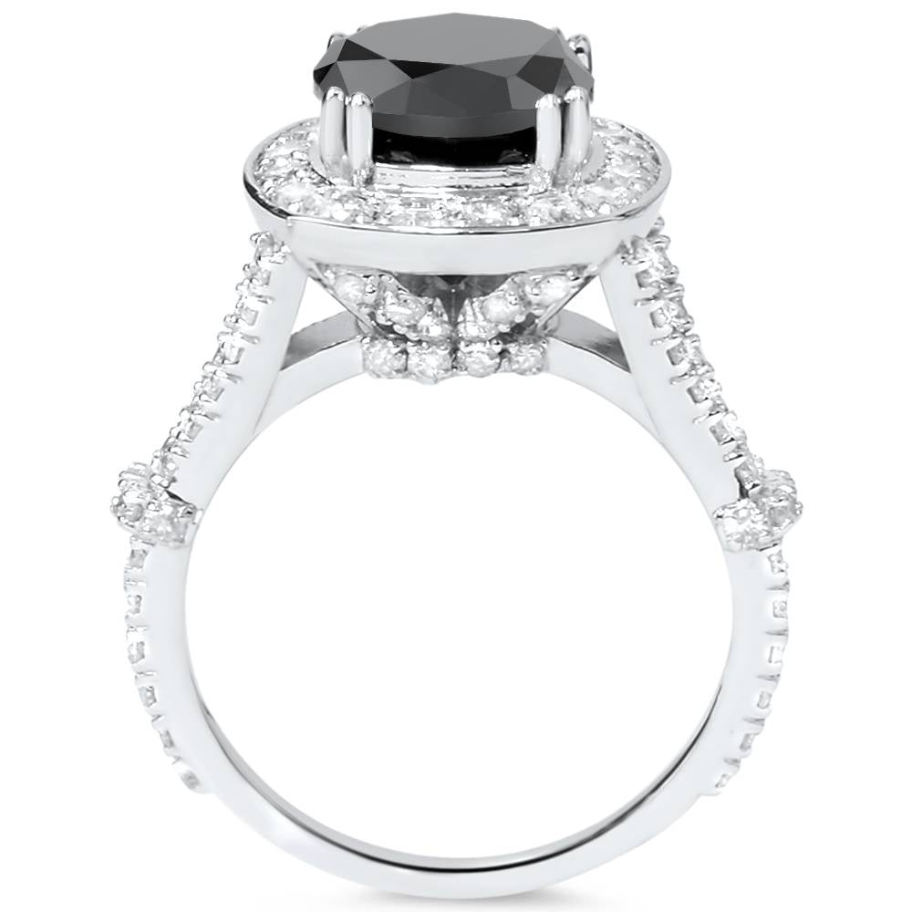 4ct Black Treated Diamond Cushion Vintage Engagement Ring 14K White Gold
