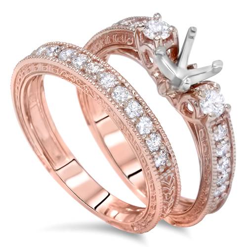 7/8ct Vintage Engagement Ring Mount Set 14K Rose Gold