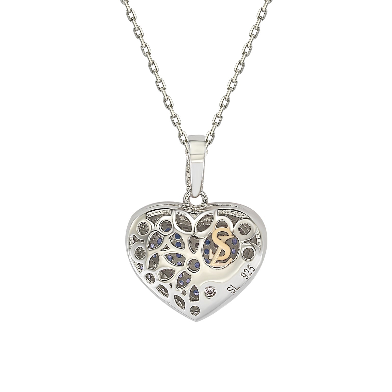 Suzy Levian Blue Sapphire Blackened Sterling Silver Pave Heart Pendant