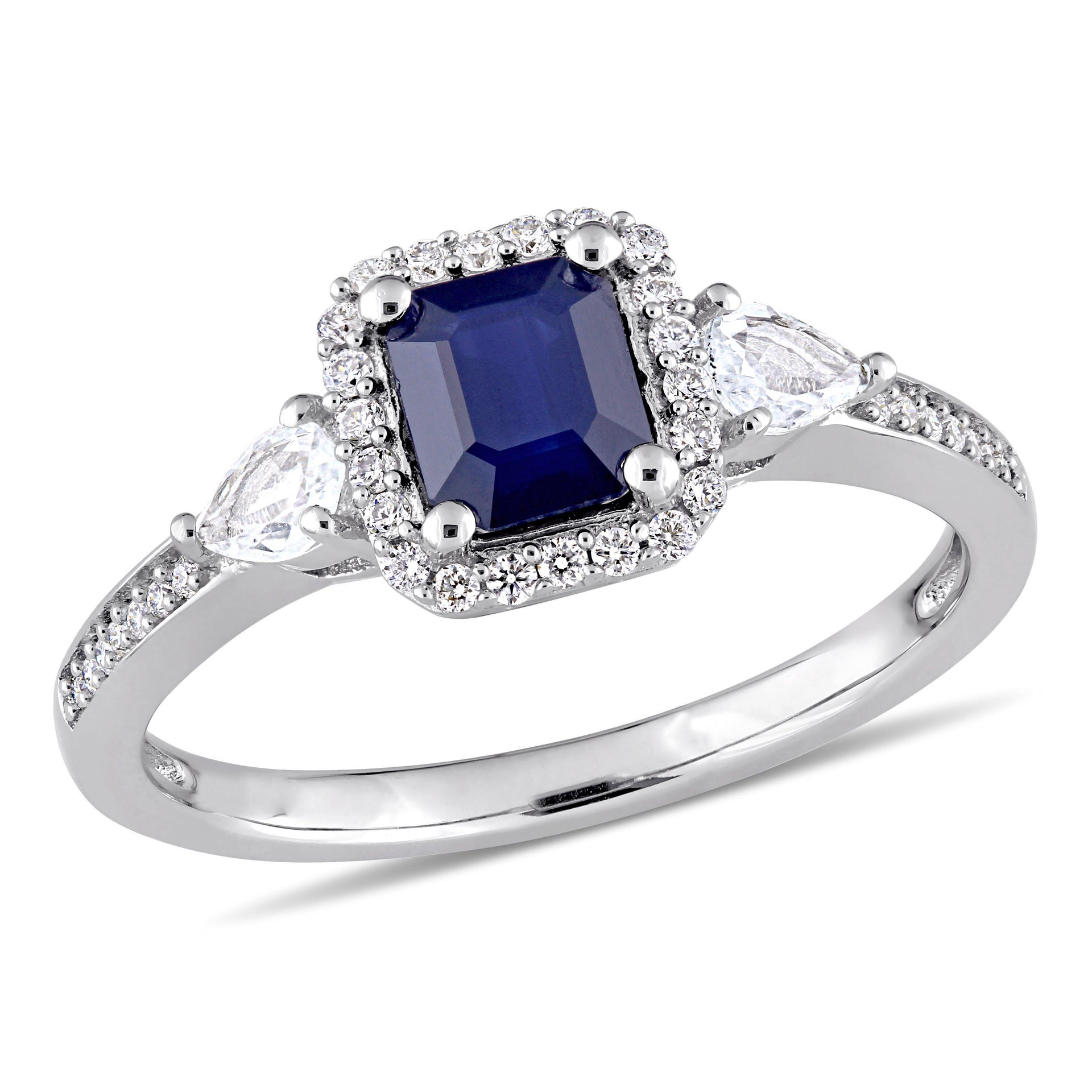 1ct TW Octagon-Cut Sapphire White Sapphire and 1/6 ct TW Diamond 3-Stone Ring in 14k White Gold