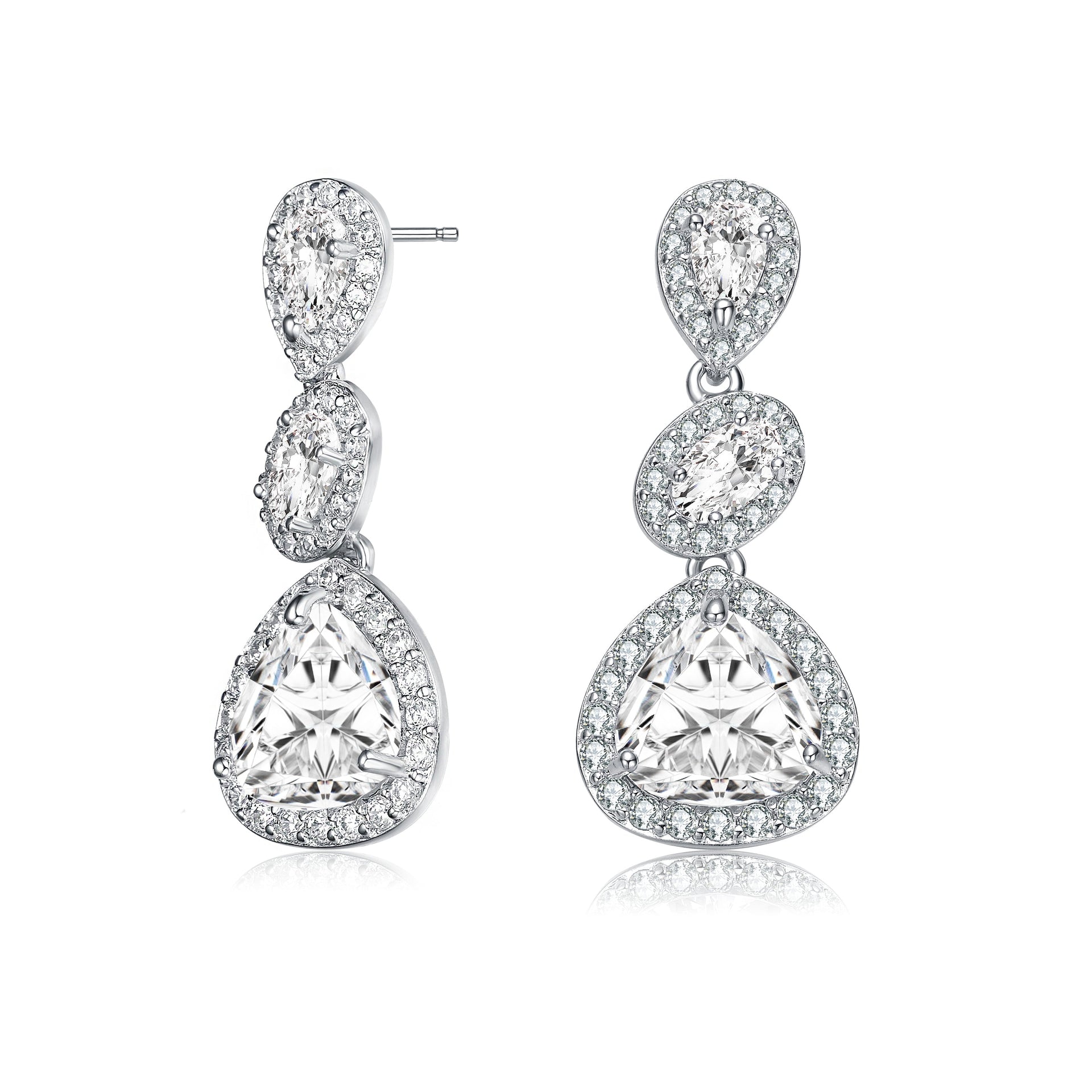 Sterling Silver Cubic Zirconia Halo Three Tier Drop Earrings