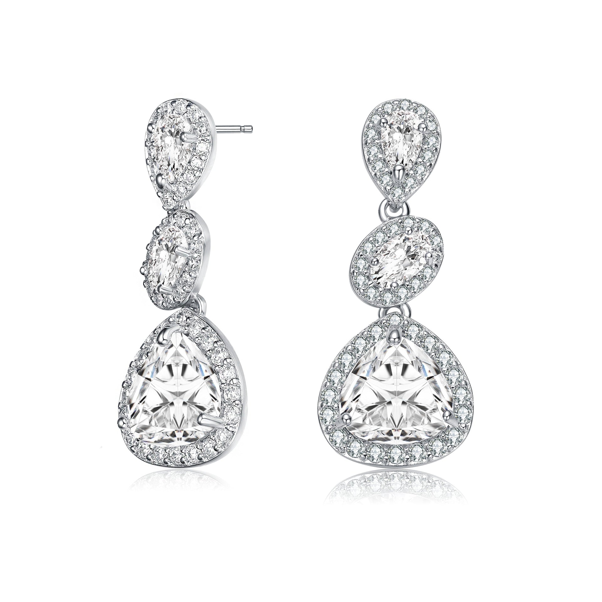 Sterling Silver Cubic Zirconia Halo Three Tier Drop Earrings