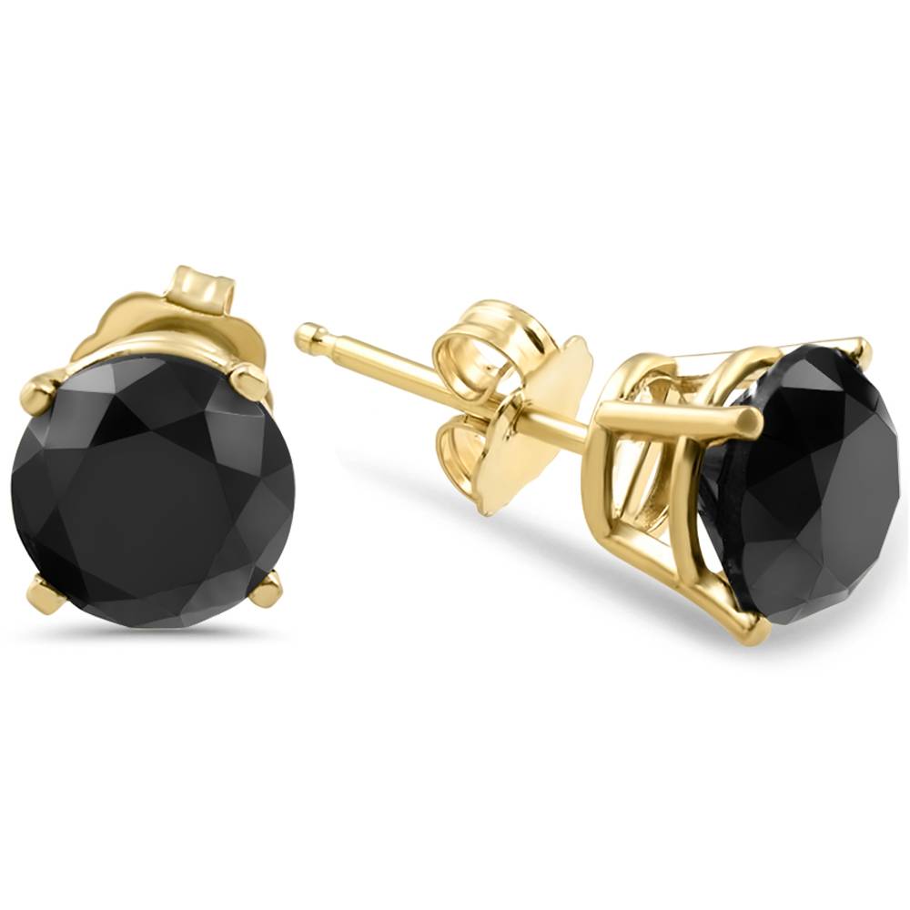 1 1/2 CT Black Diamond Stud Earrings Yellow Gold