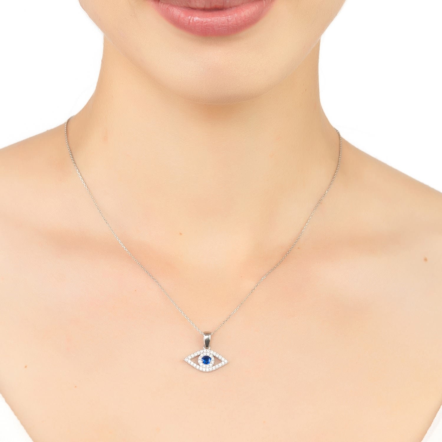 Evil Eye Elliptical Necklace Blue Silver