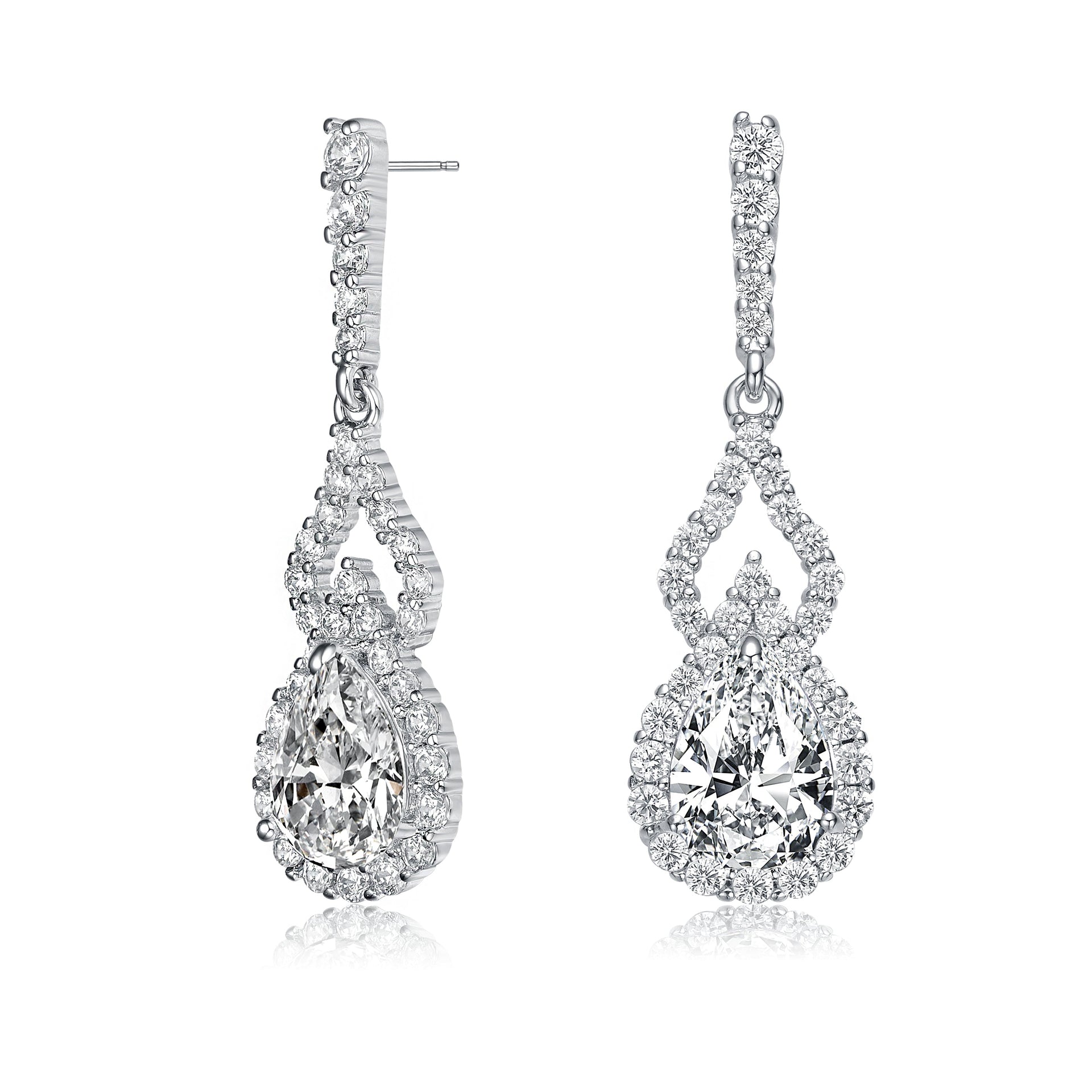 Sterling Silver With Rhodium Plated Clear Pear And Round Cubic Zirconia Halo With Open Pear Drop Earrings