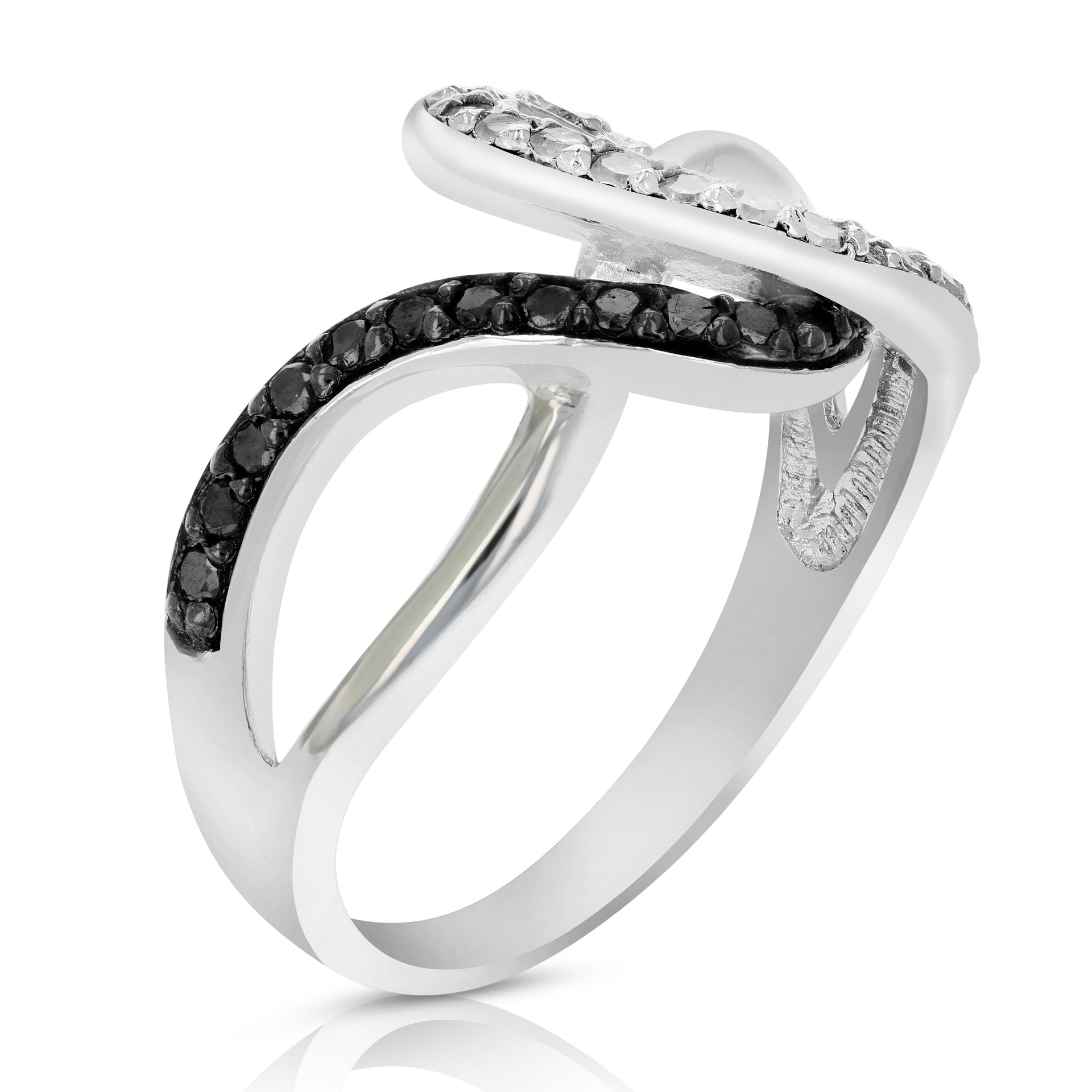 0.45 cttw Black and White Diamond Wave Ring .925 Sterling Silver Rhodium