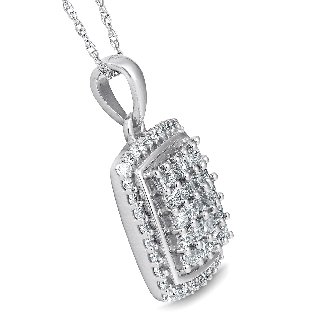 3/4 cttw Princess Cut Pave Diamond Halo Pendant 10K White Gold 1' Tall