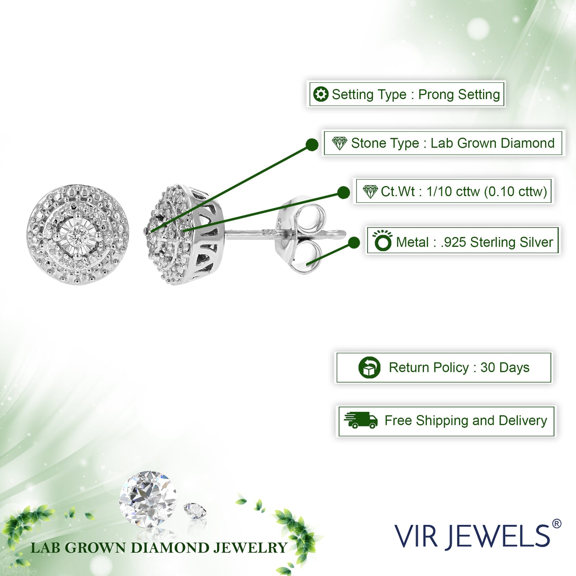 1/10 cttw Round Lab Grown Diamond Prong Set Stud Earrings For Women .925 Sterling Silver