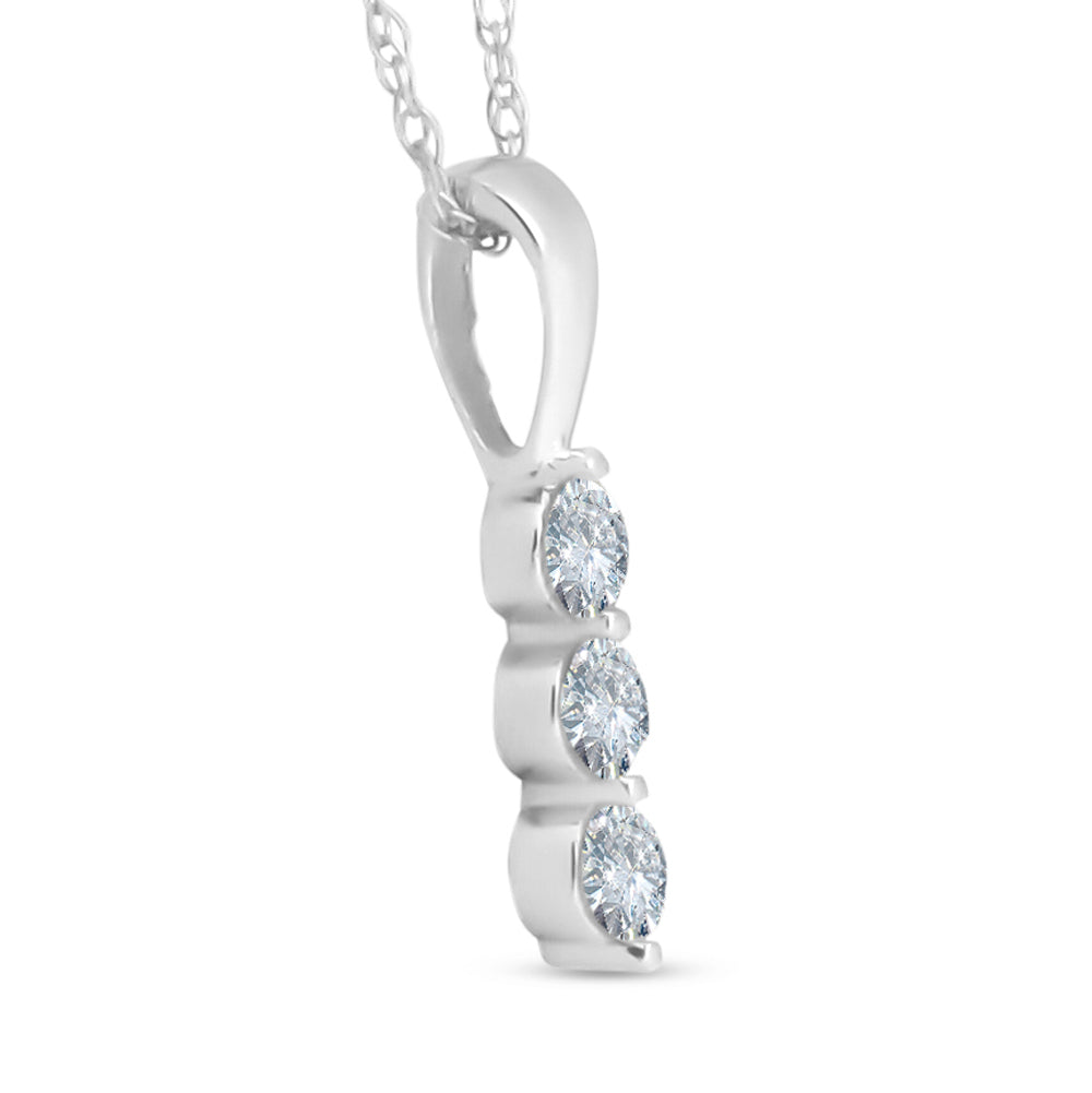1/4ct 3 Stone Round Three Diamond Pendant Necklace 14K White Gold