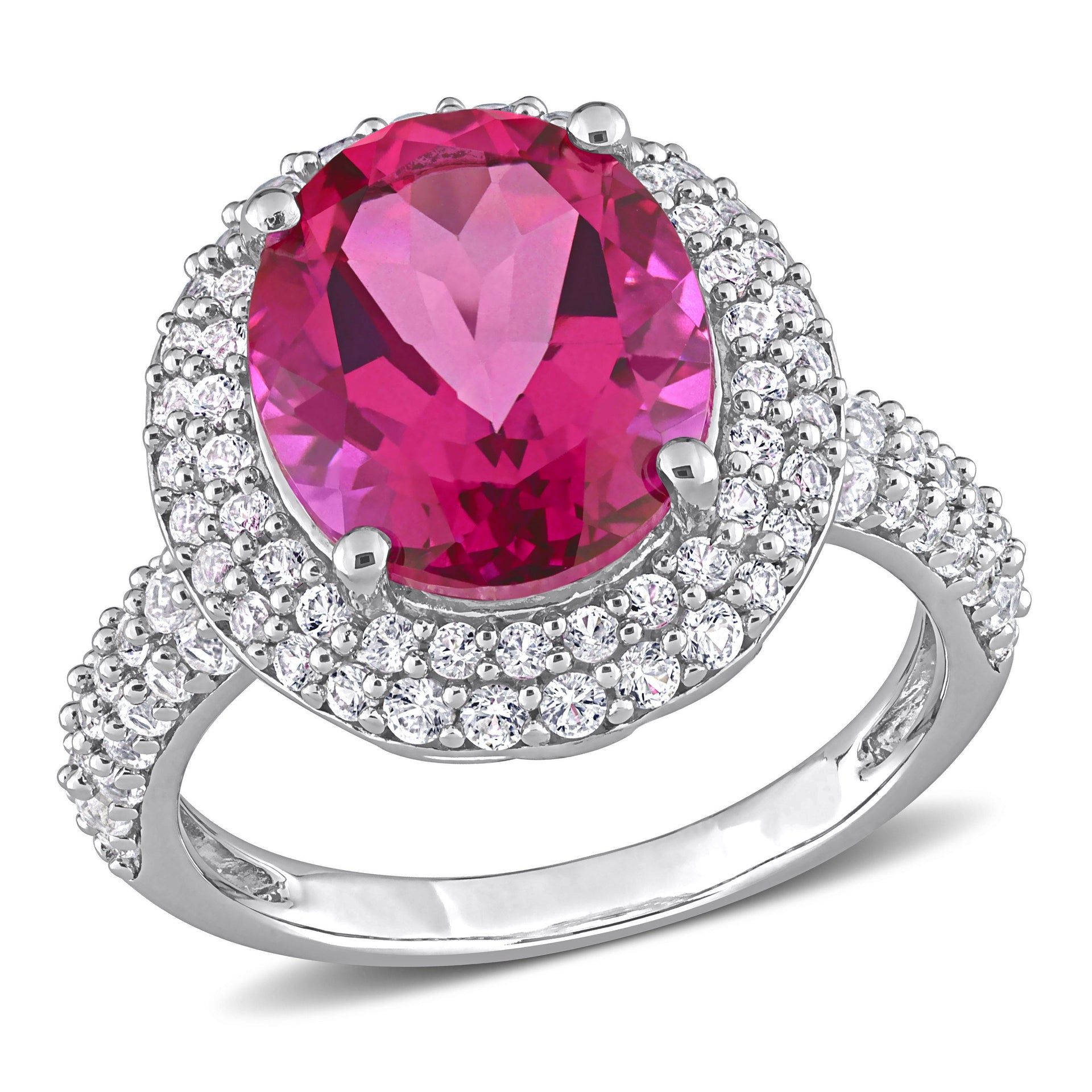 Mimi & Max 7 1/7ct TGW Pink Topaz and Created White Sapphire Double Halo Cocktail Ring in Sterling Silver