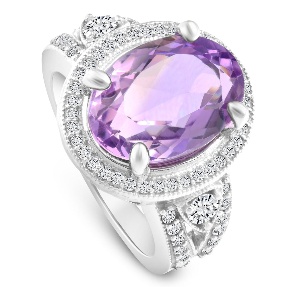 9 1/2 ct Oval Amethyst Vintage Halo Diamond Ring 14k White Gold