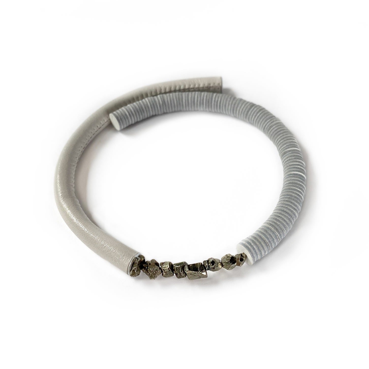 White Leather Choker With Pyrite Crystals