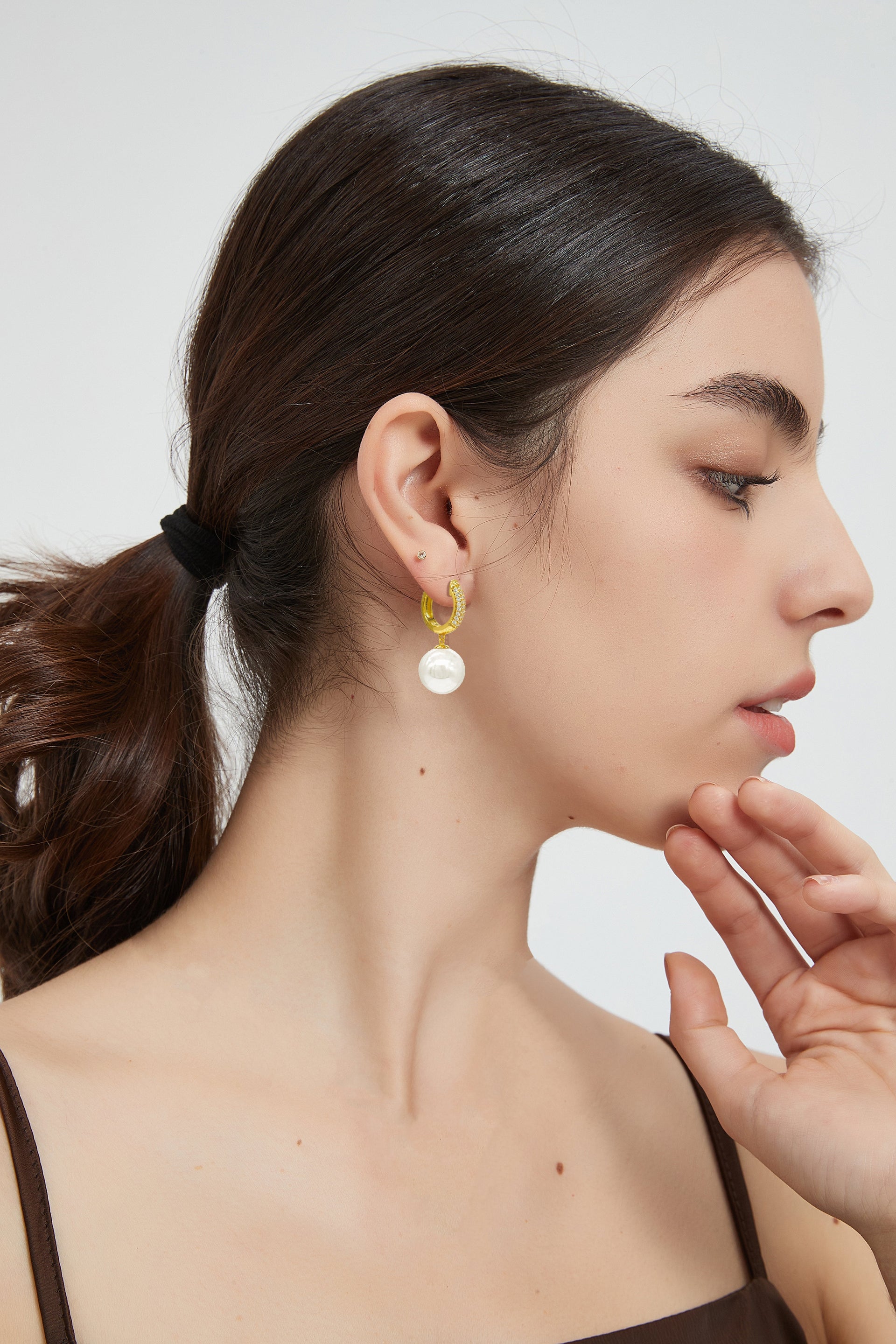 Gold Pavé Huggie Hoop Solitaire Pearl Drop Earrings