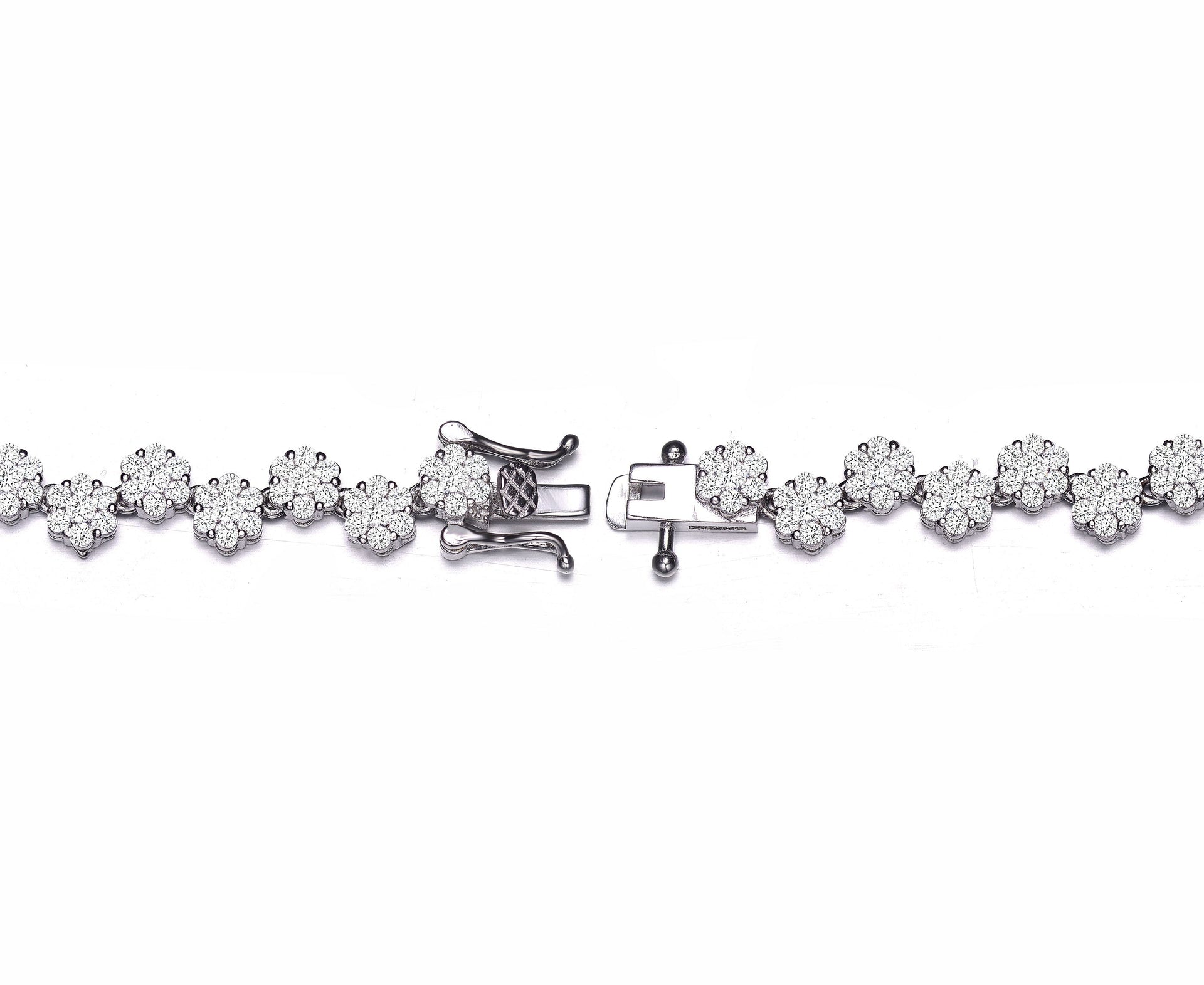 Sterling Silver with Rhodium Plated Clear Round Cubic Zirconia Cluster Flower Link Bracelet