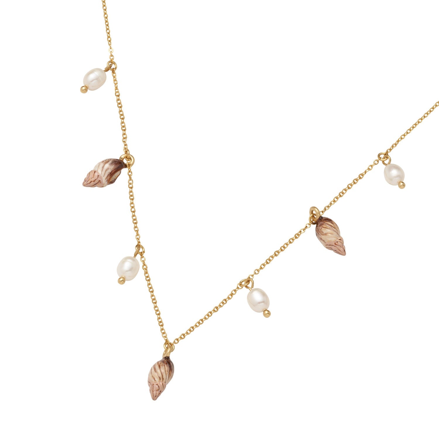 Spiral Shell Charm & Pearl Worn Necklace - Gold