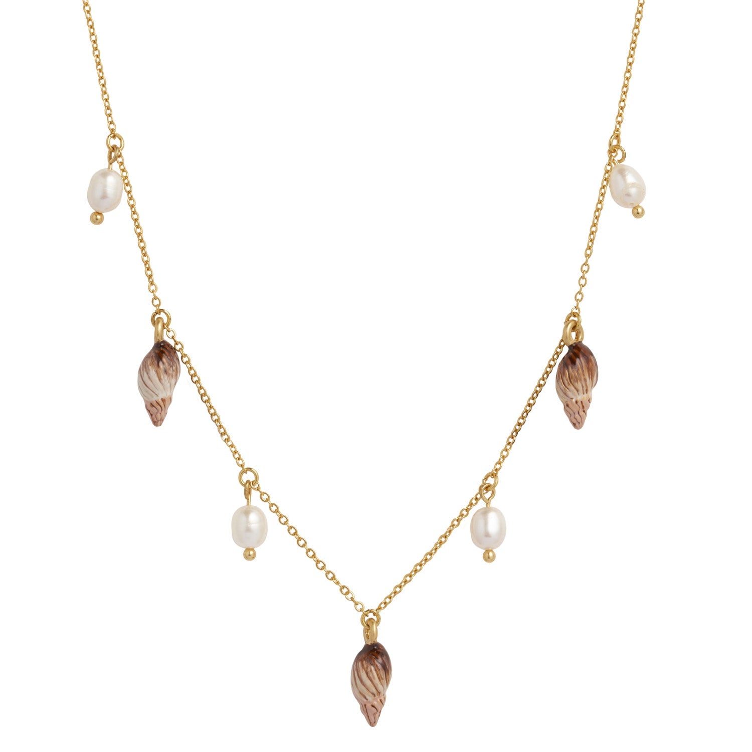Spiral Shell Charm & Pearl Worn Necklace - Gold