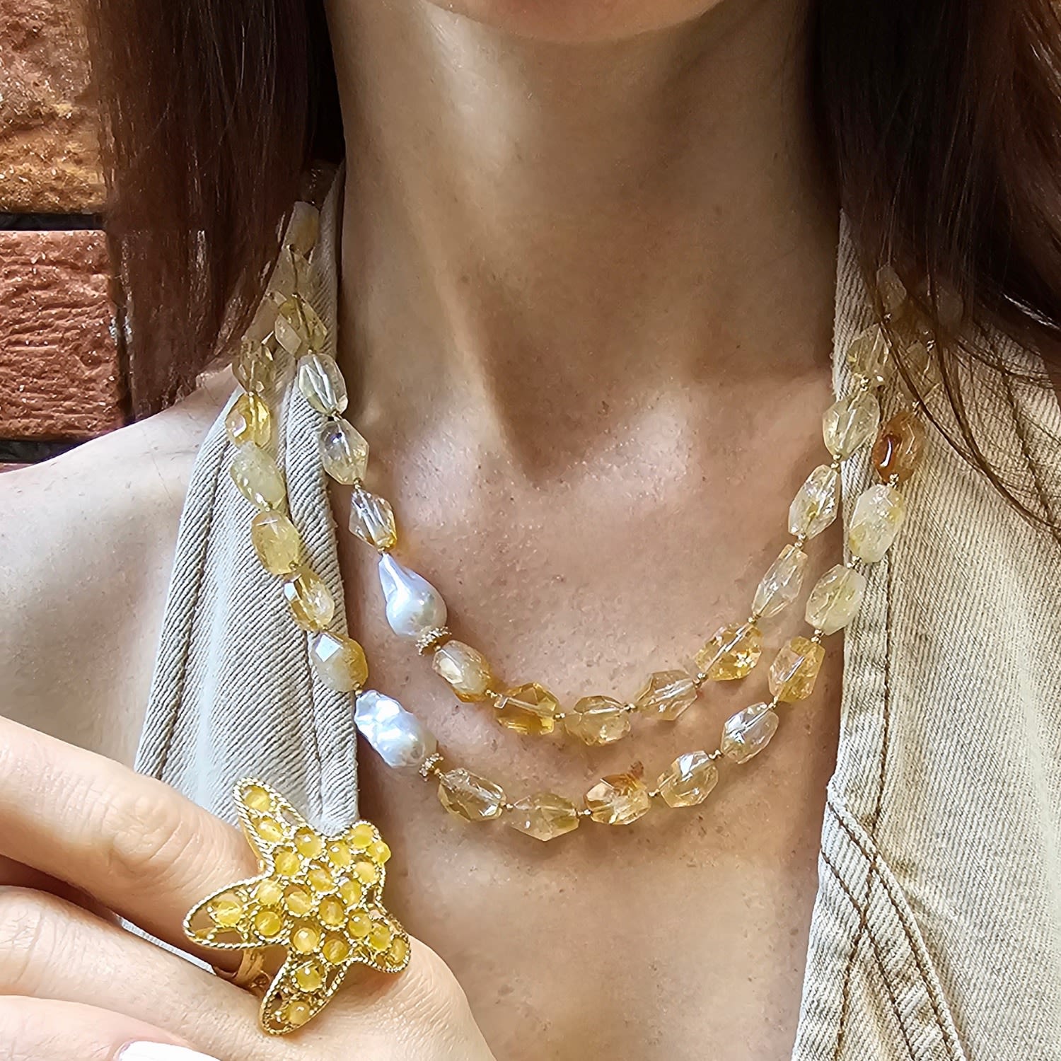 Faceted Citrine With Baroque Pearls Double Layers Necklace