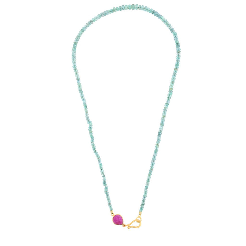 Faceted Emerald Strand With A Raw Cut Ruby Clasp