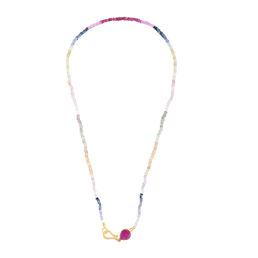 Faceted Multi Sapphire Strand With A Raw Cut Ruby Clasp