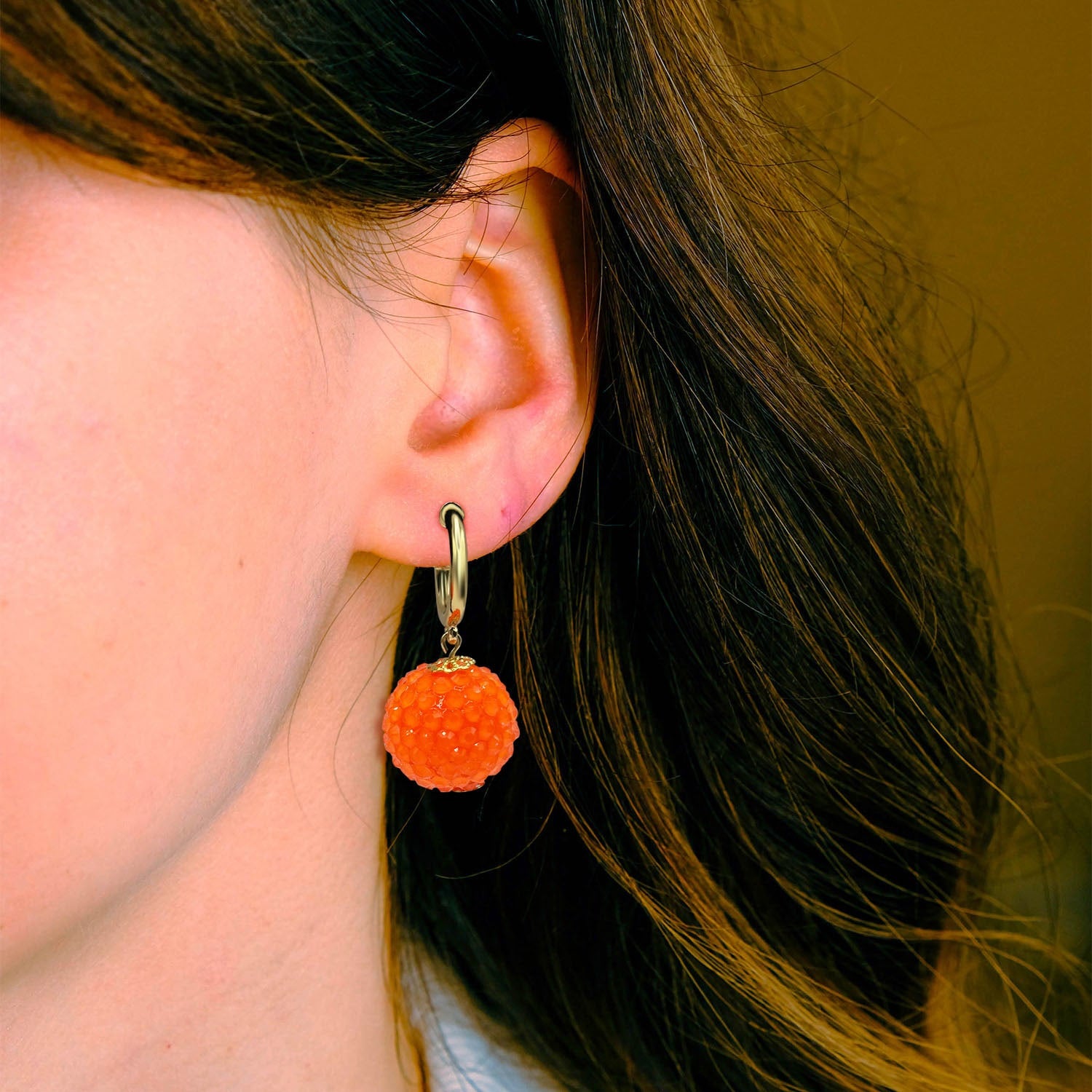 Faceted Orange Stone Ball Earrings With Clear Resin Coating