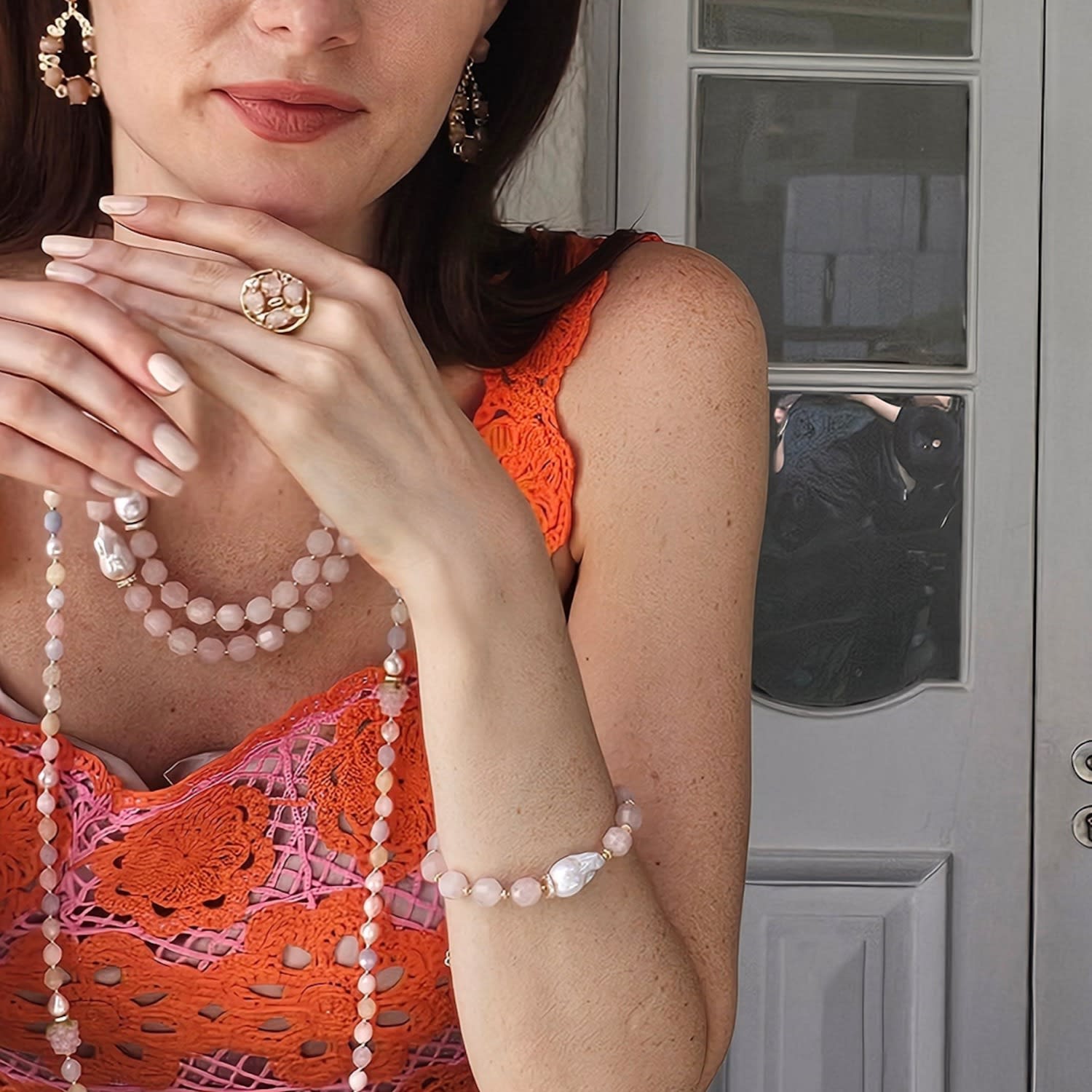 Faceted Rose Quartz With Baroque Pearl Adjustable Bracelet