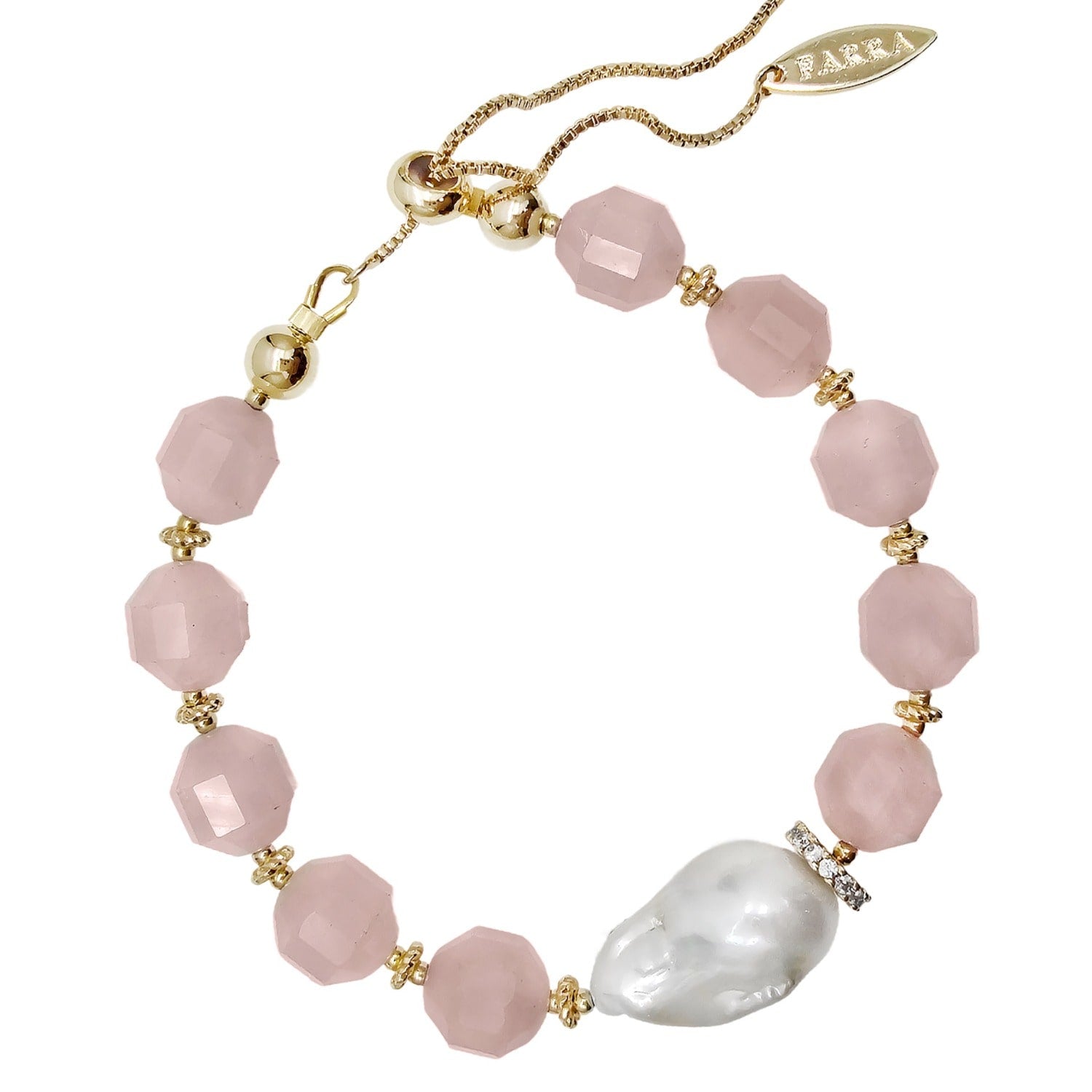 Faceted Rose Quartz With Baroque Pearl Adjustable Bracelet