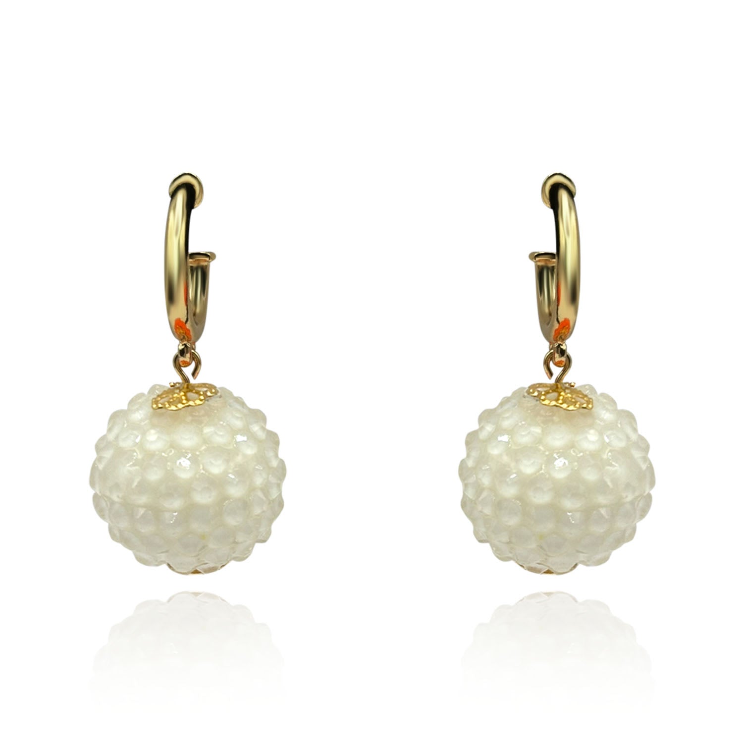 Faceted White Stone Ball Earrings With Clear Resin Coating